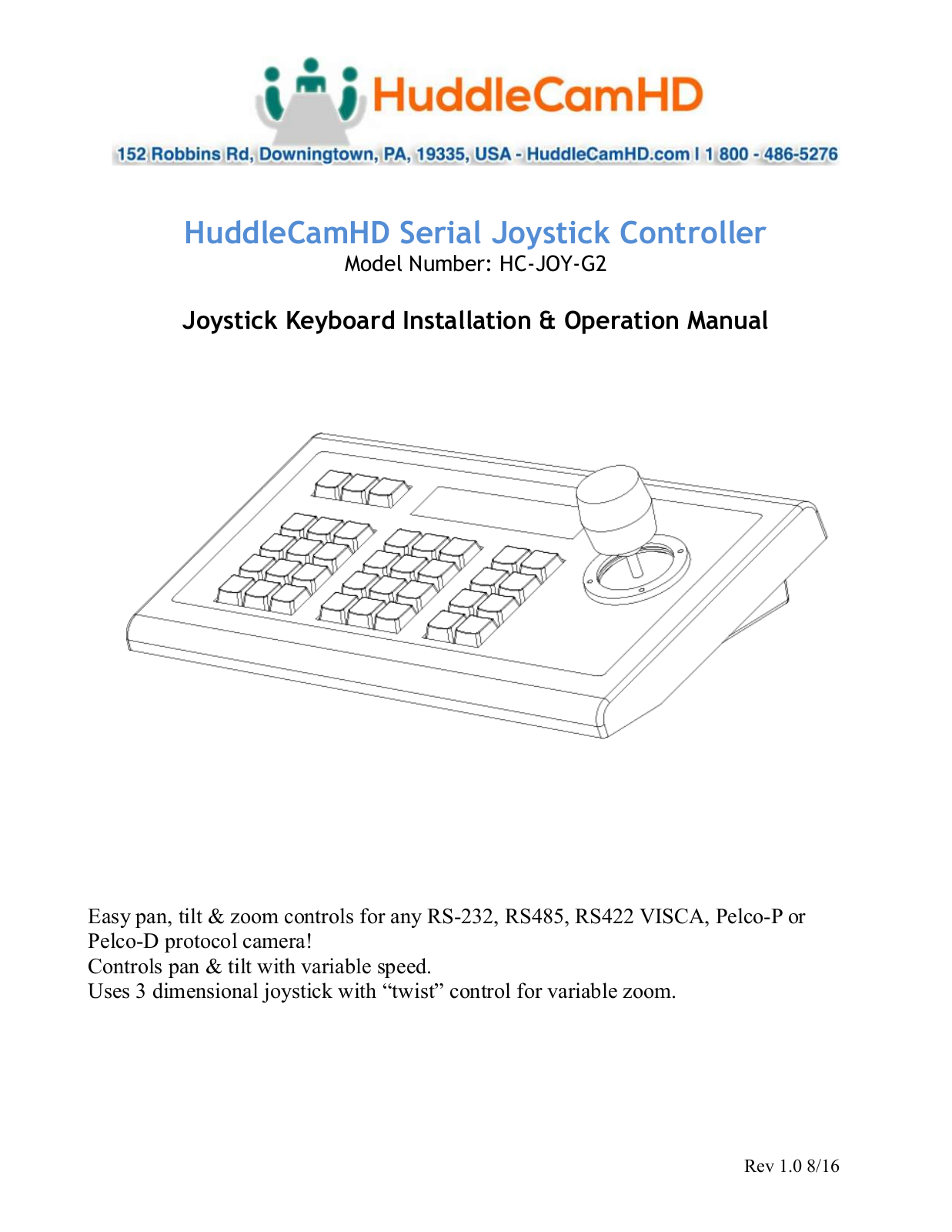 HuddleCamHD HC-JOY-G2 Installation & Operation Manual