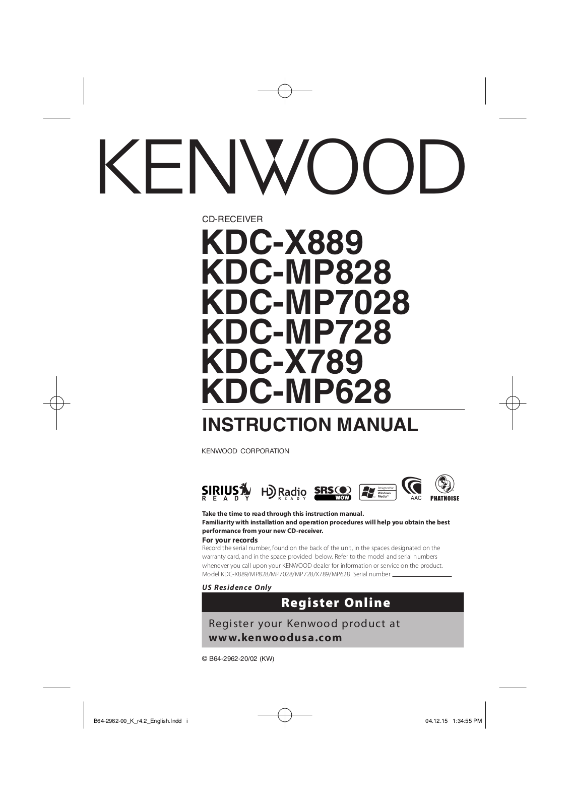 Kenwood KDC-X889, KDC-X789, KDC-MP628, KDC-MP728, KDC-MP828 User Manual