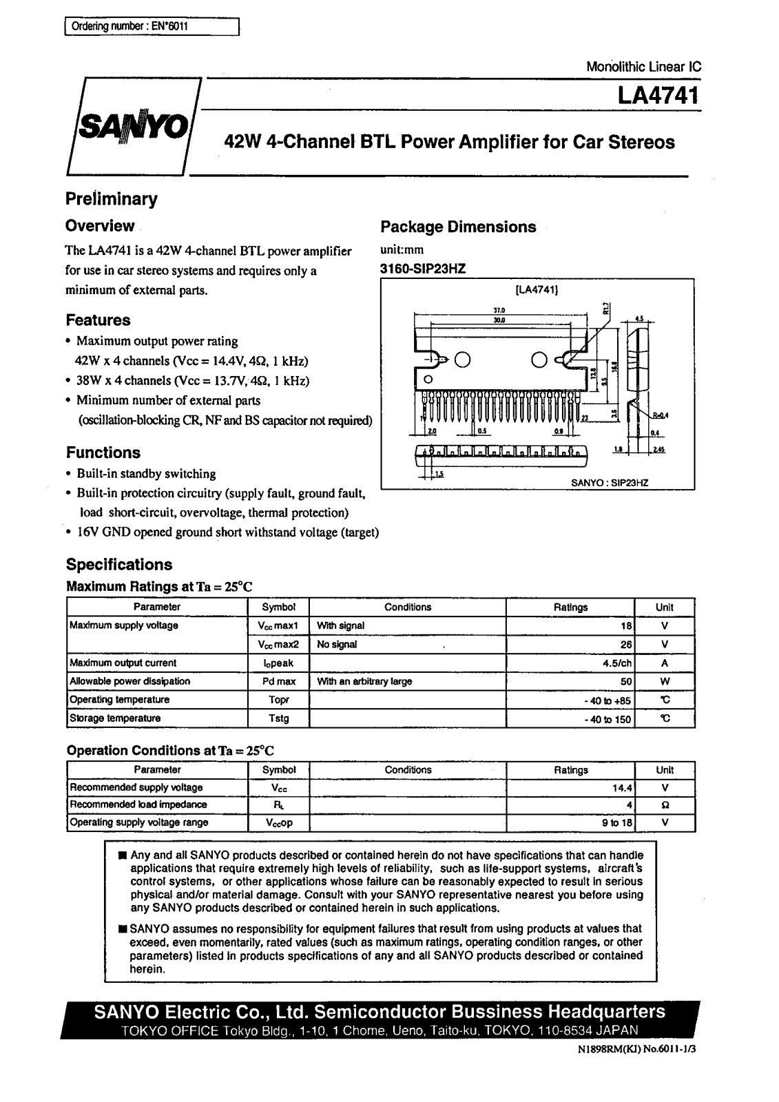 SANYO LA4741 Datasheet