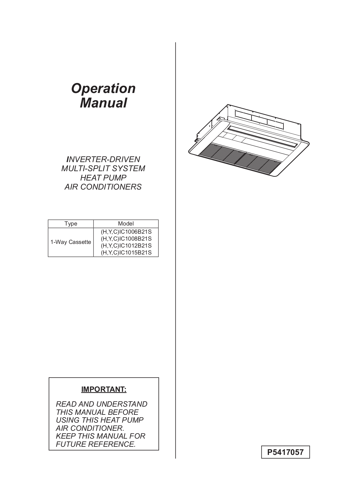 Johnson Controls HIC1008B21S, YIC1012B21S, HIC1015B21S, YIC1006B21S, YIC1008B21S Operation Manual