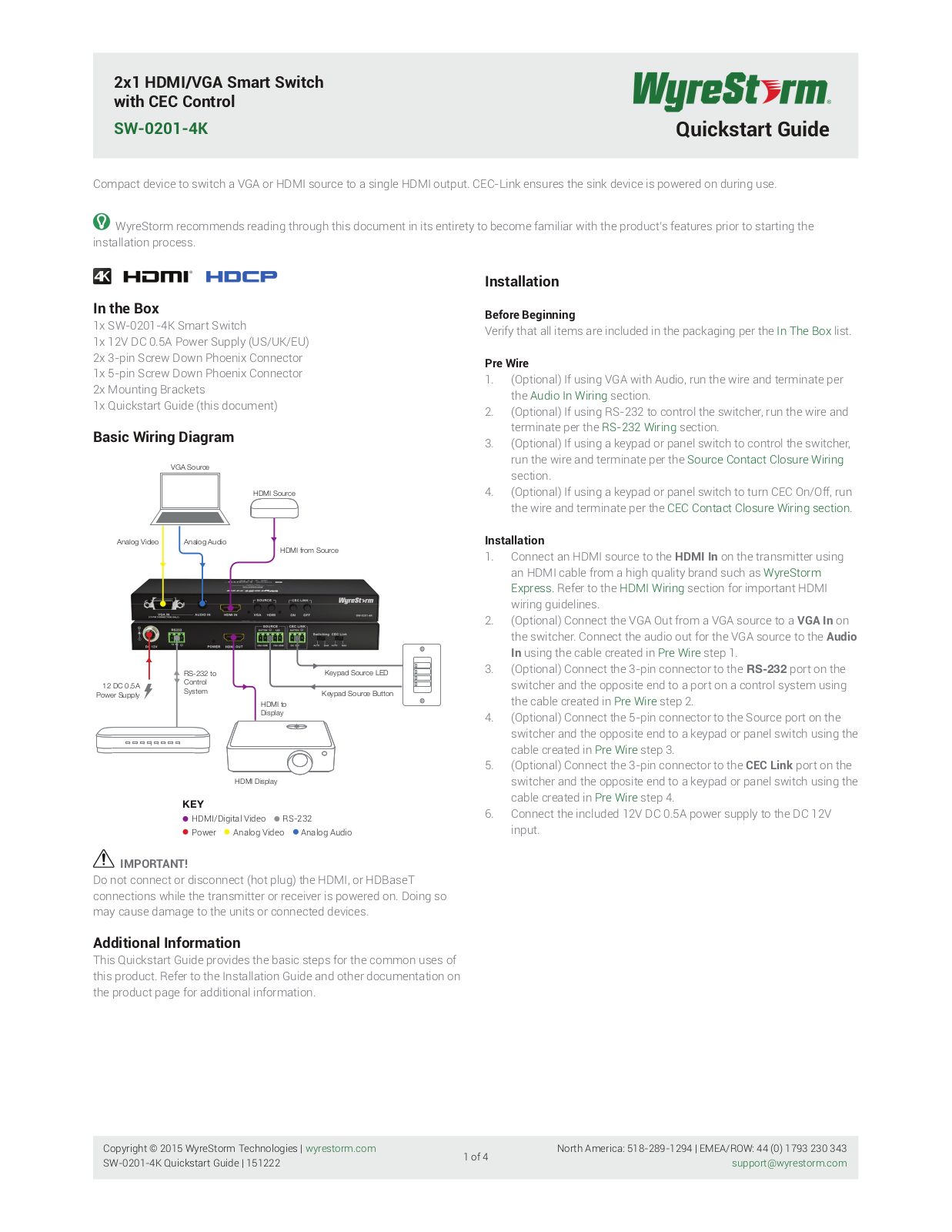 Wyrestorm SW-0201-4K Quick Start Manual