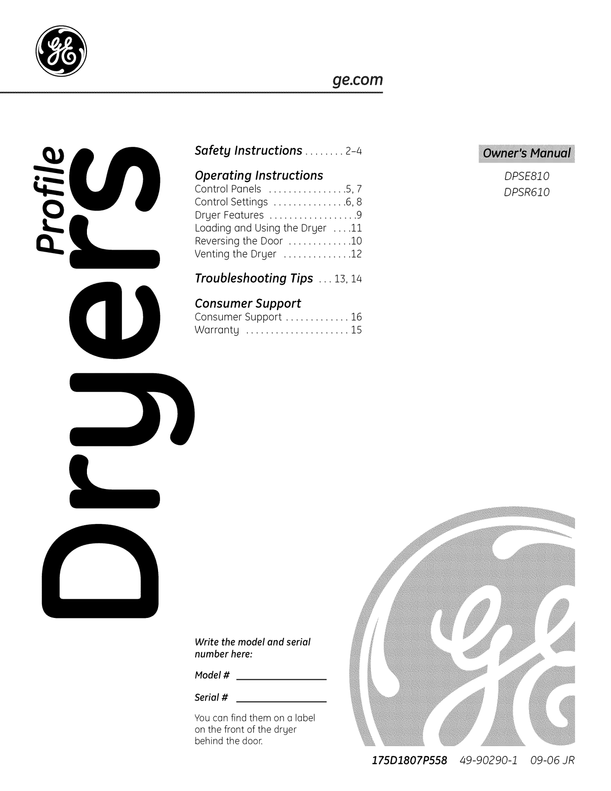 GE DPSR610GG9WT, DPSR610GG5WT, DPSR610GG4WT, DPSR610GG3WT, DPSR610GG2WT Owner’s Manual - ManualMachine.com