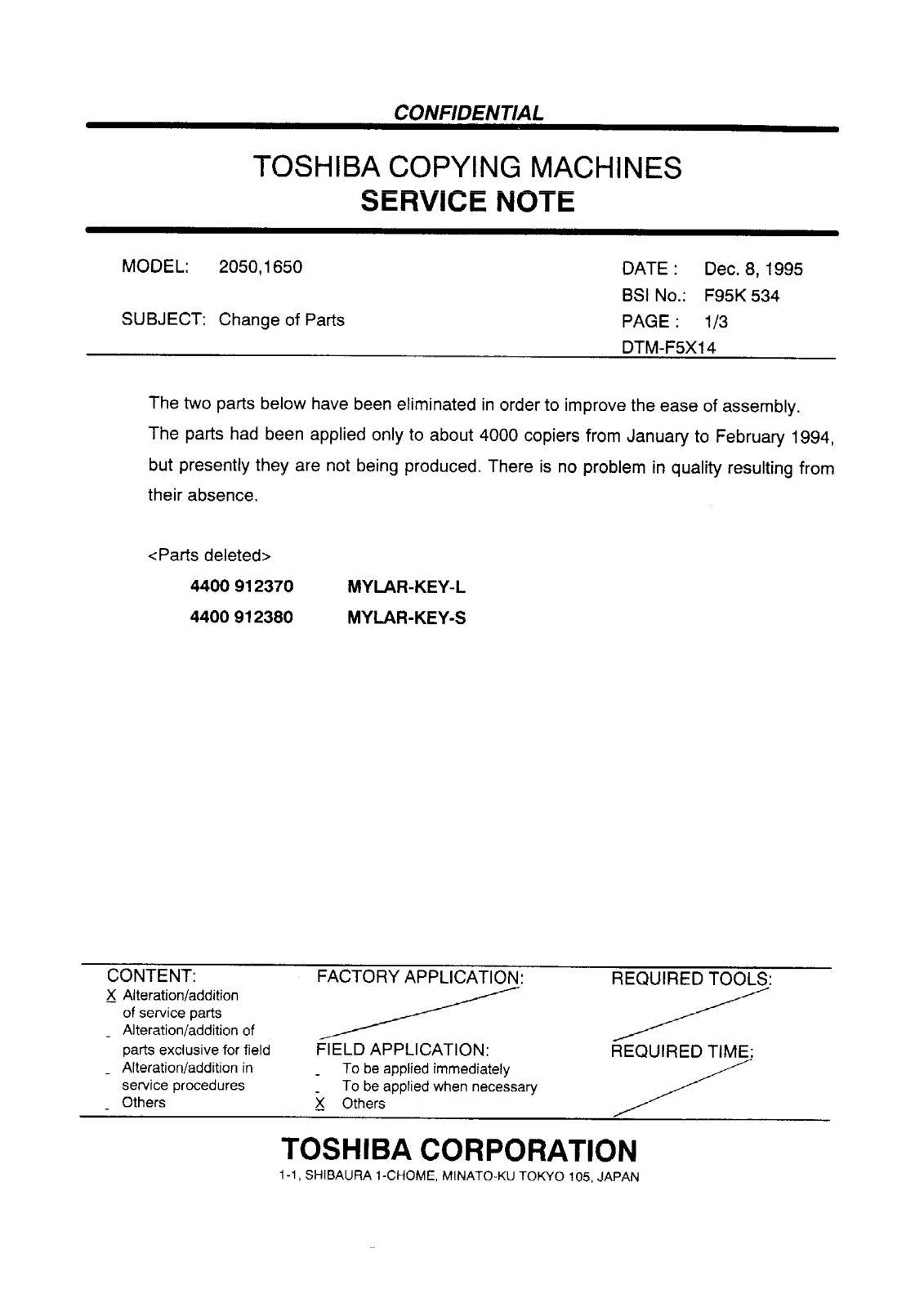 Toshiba f95k534 Service Note