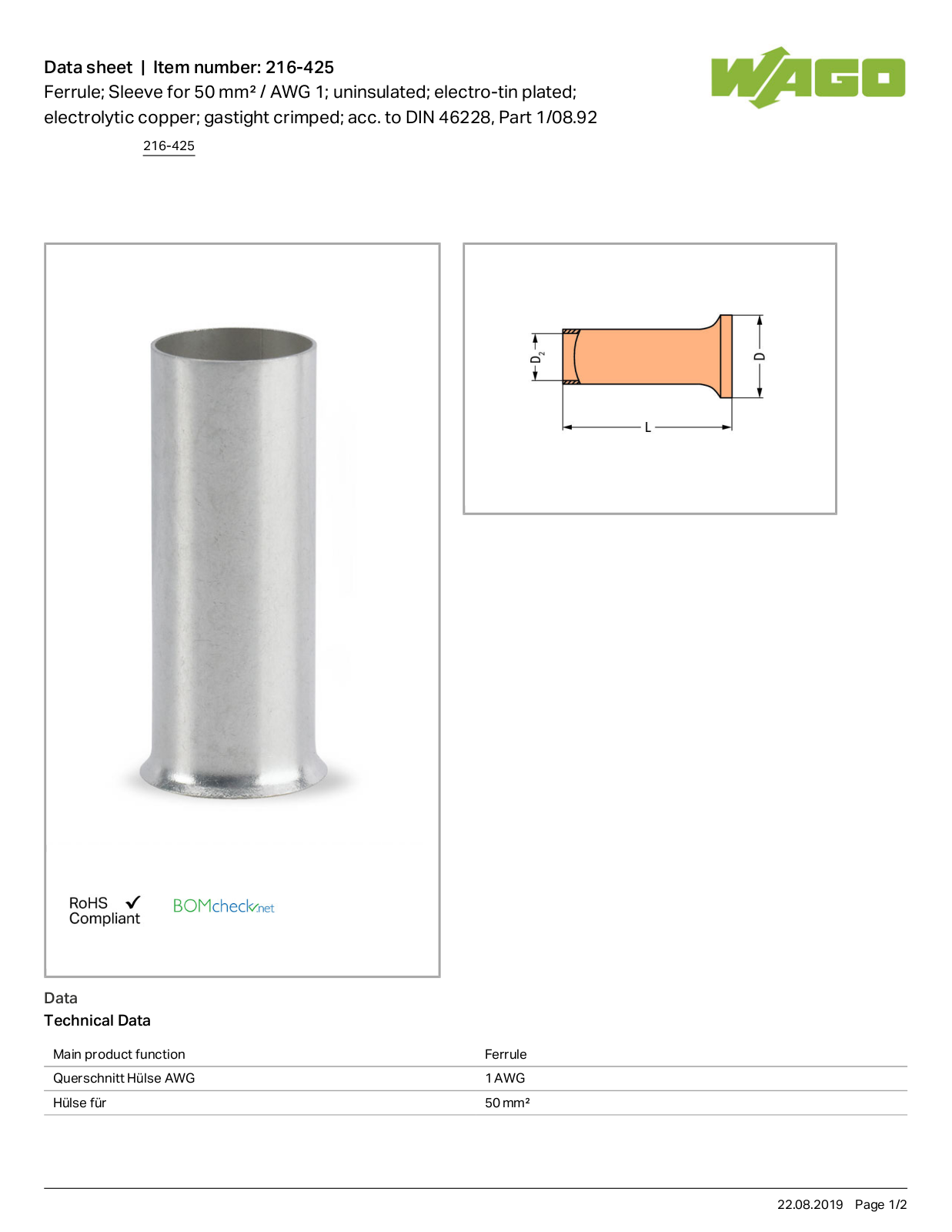 Wago 216-425 Data Sheet