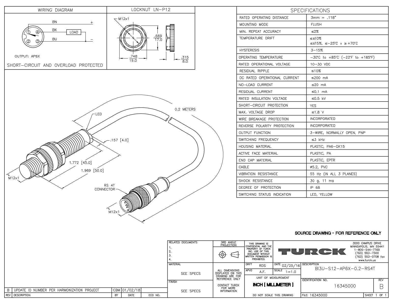 Turck BI3U-S12-AP6X-0.2-RS4T Data Sheet