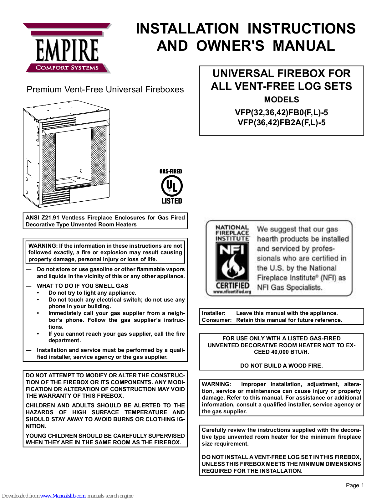 Empire Comfort Systems VFP32FB0F-5, VFP32FB0L-5, VFP36FB0F-5, VFP36FB0L-5, VFP42FB0F-5 Installation Instructions And Owner's Manual