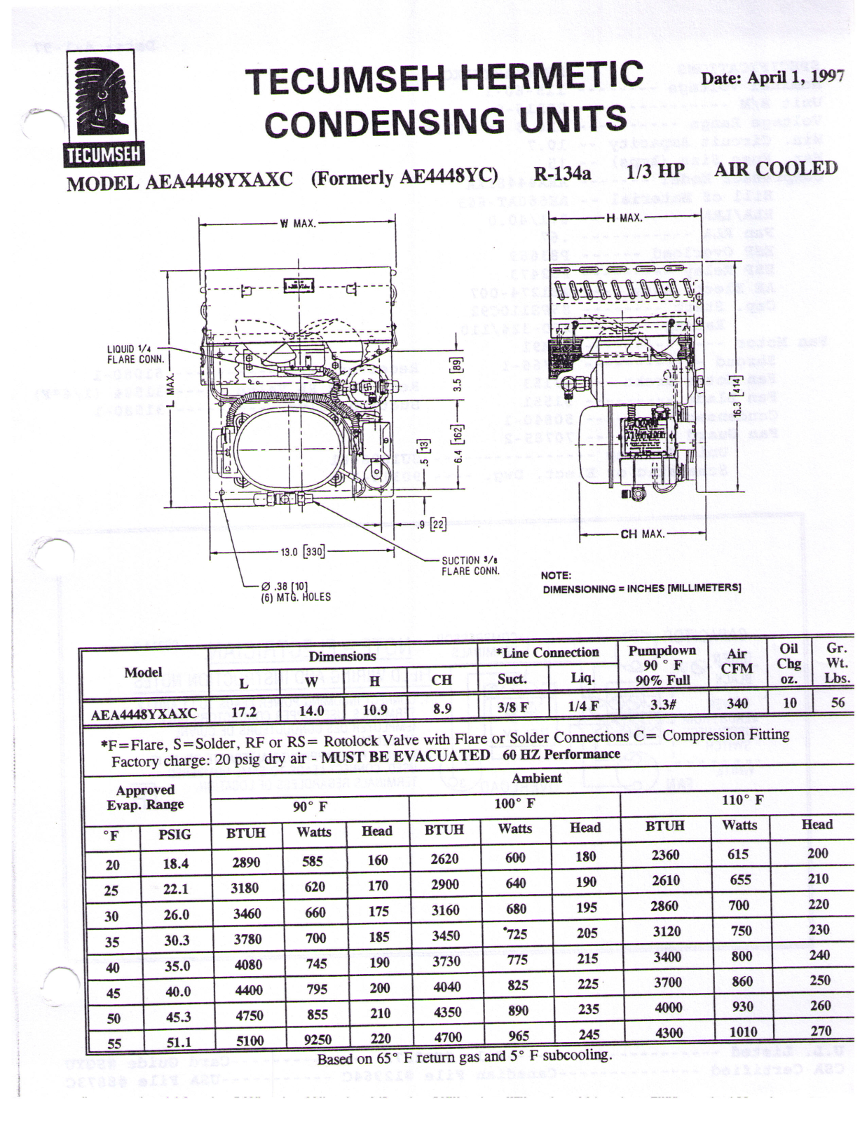 Tecumseh AEA4448YXAXC Performance Data Sheet