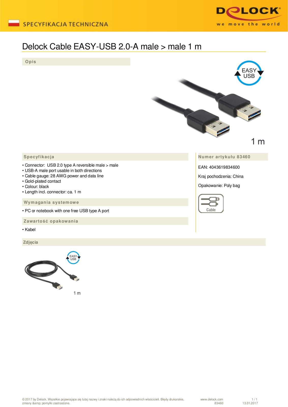 DeLOCK EASY-USB 2.0 cable, USB-A  plug  to USB-A  plug , 1m User Manual