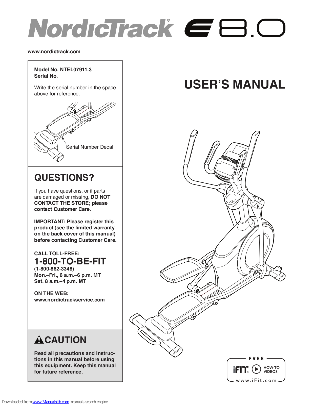 NordicTrack E 8.0 Elliptical, E 8.0, TEL07911.3 User Manual