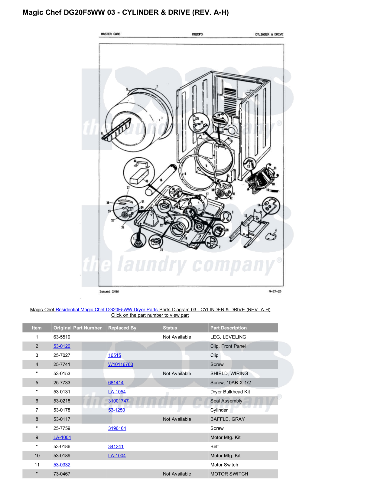 Magic Chef DG20F5WW Parts Diagram