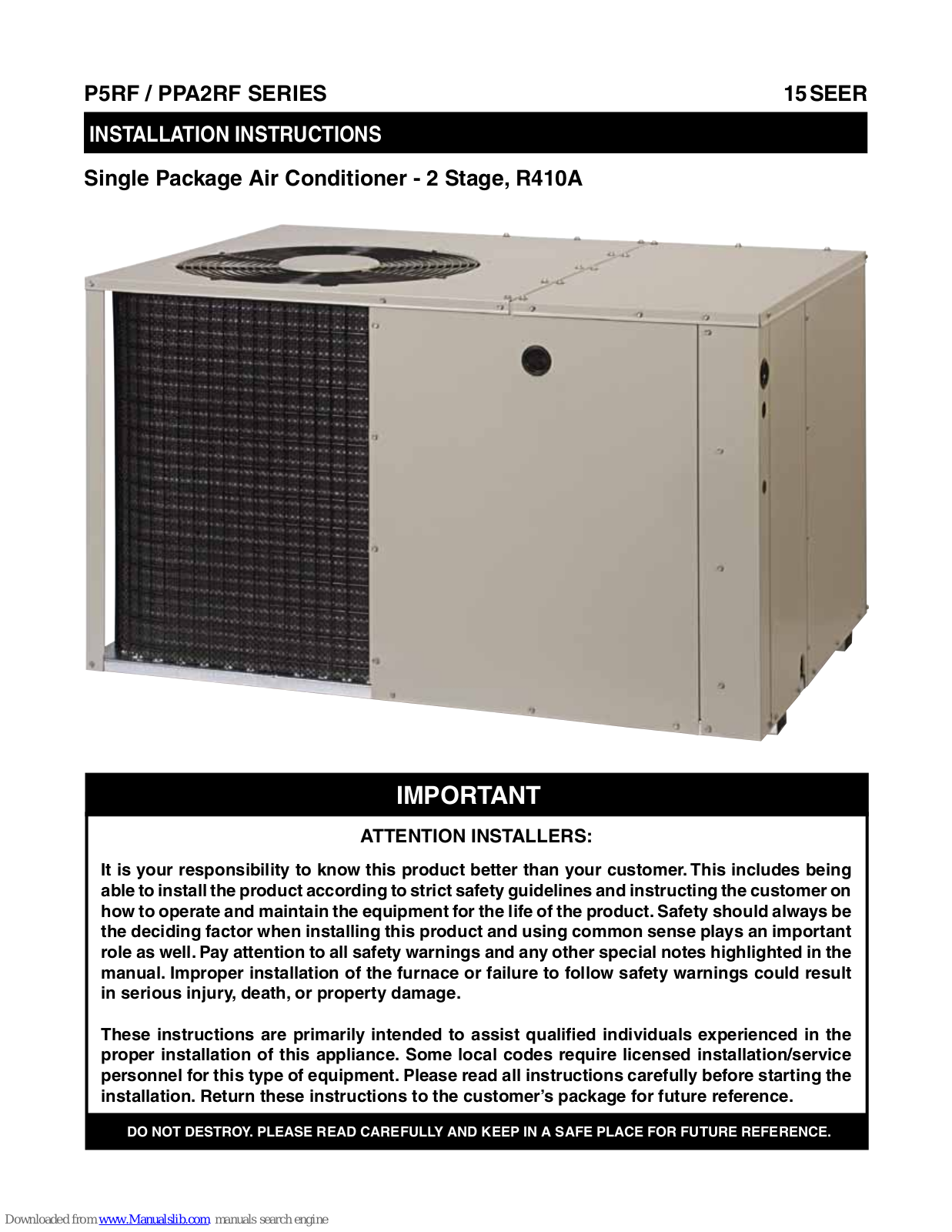 Nordyne P5RF-X24K, P5RF-X36K, P5RF-X60K, PPA2RF-X24K, P5RF-X48K Installation Instructions Manual