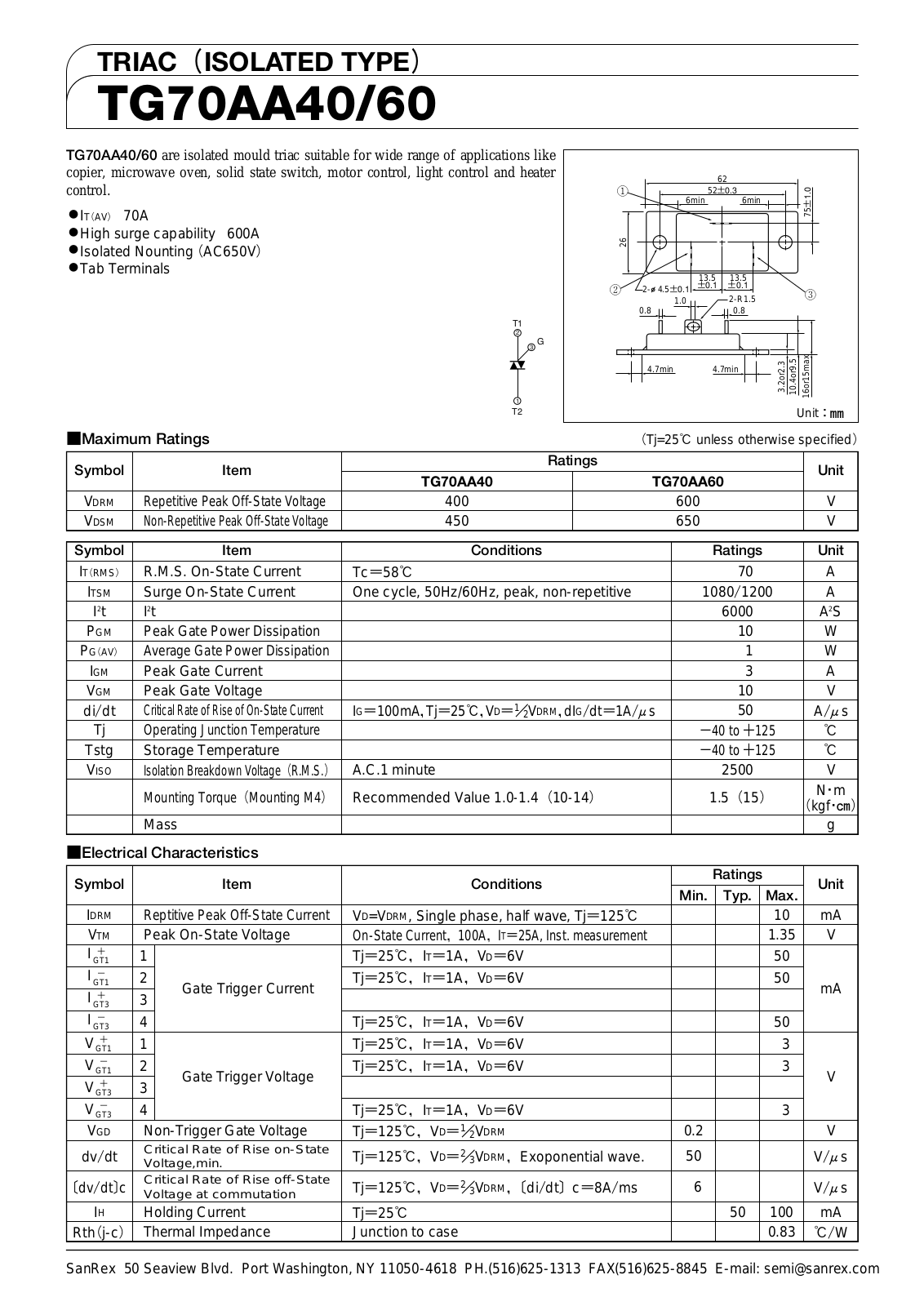 Sanrex-Sansha Electric Manufacturing TG70AA40, TG70AA60 Data Sheet