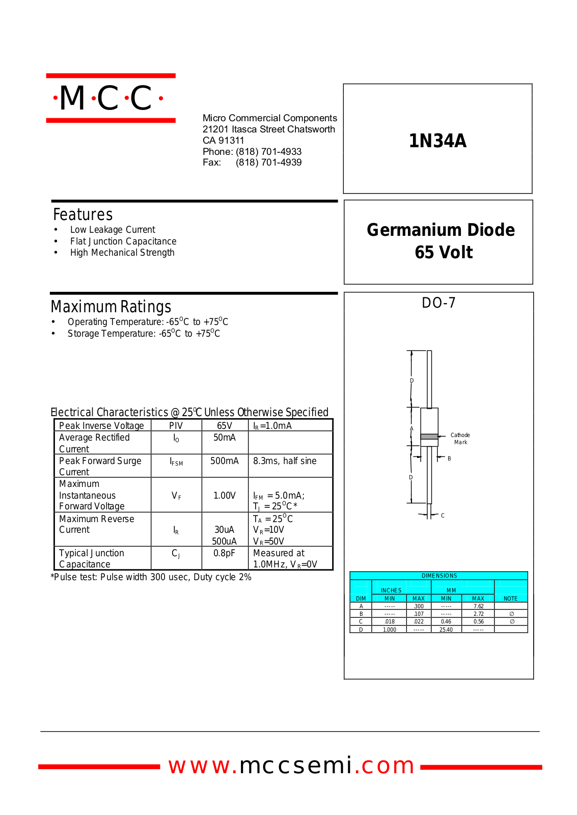 MCC 1N34A Datasheet