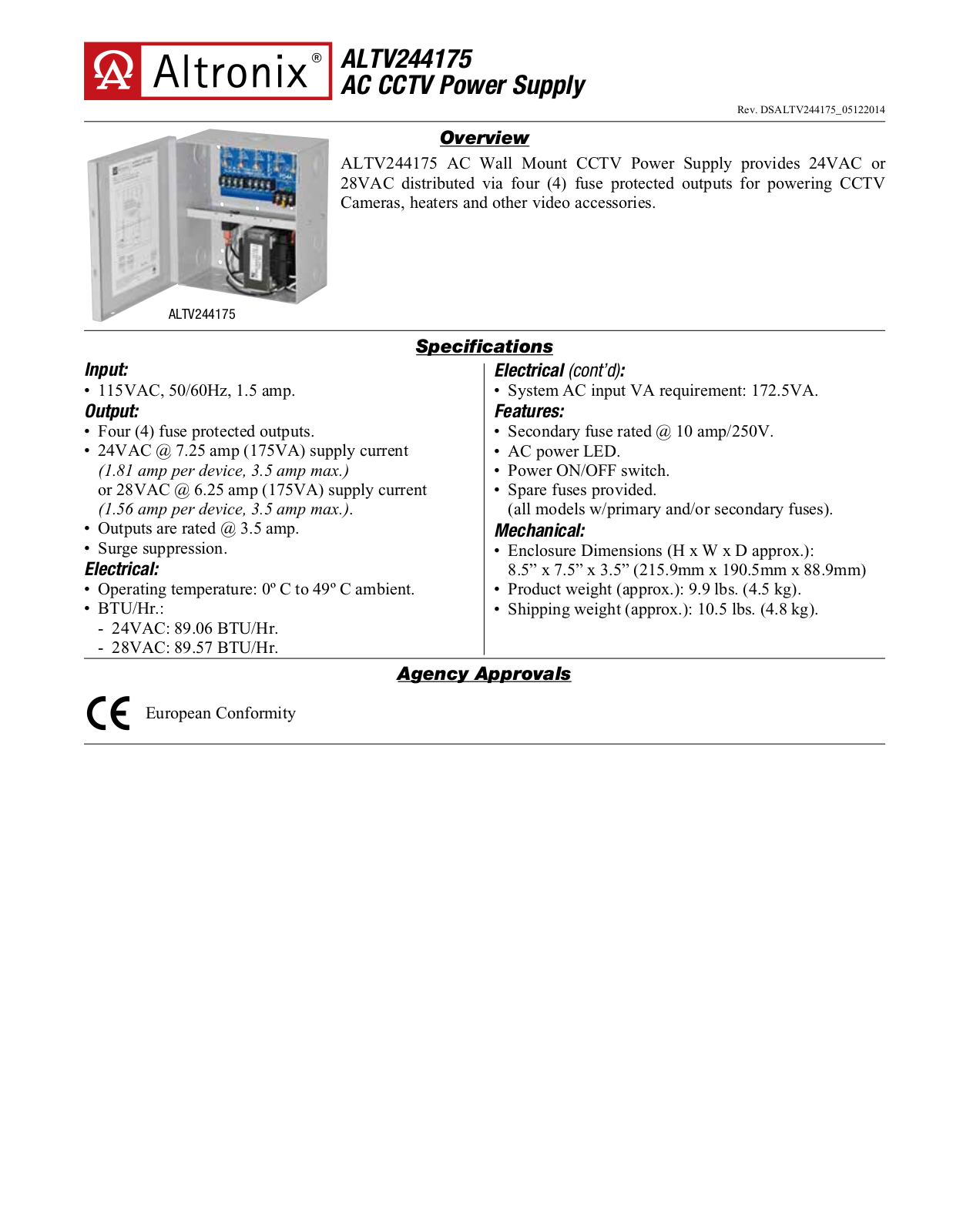 Altronix ALTV244175 Specsheet