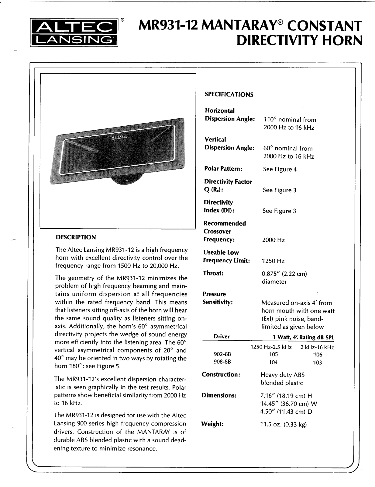 Altec lansing MR931-12 HF HORN User Manual