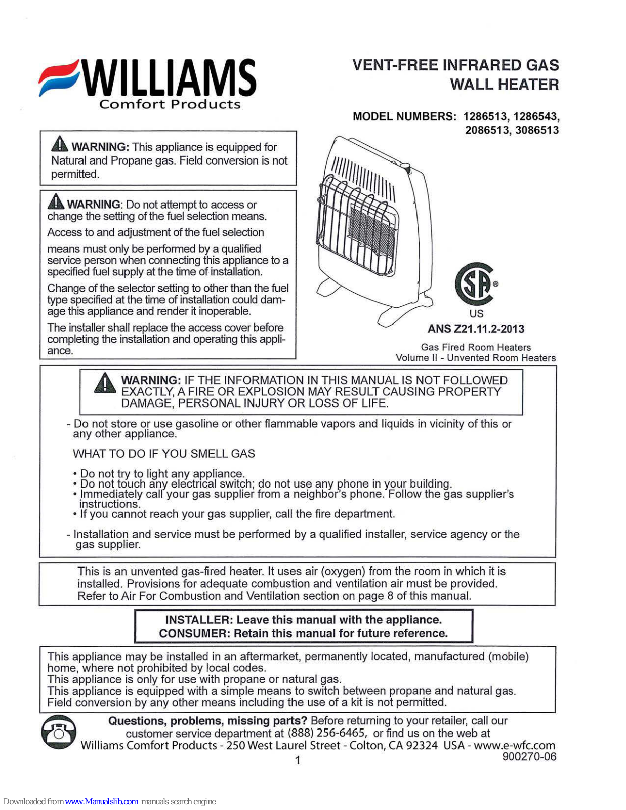 Williams 1286513, 3086513, 2086513, 1286543 User Manual