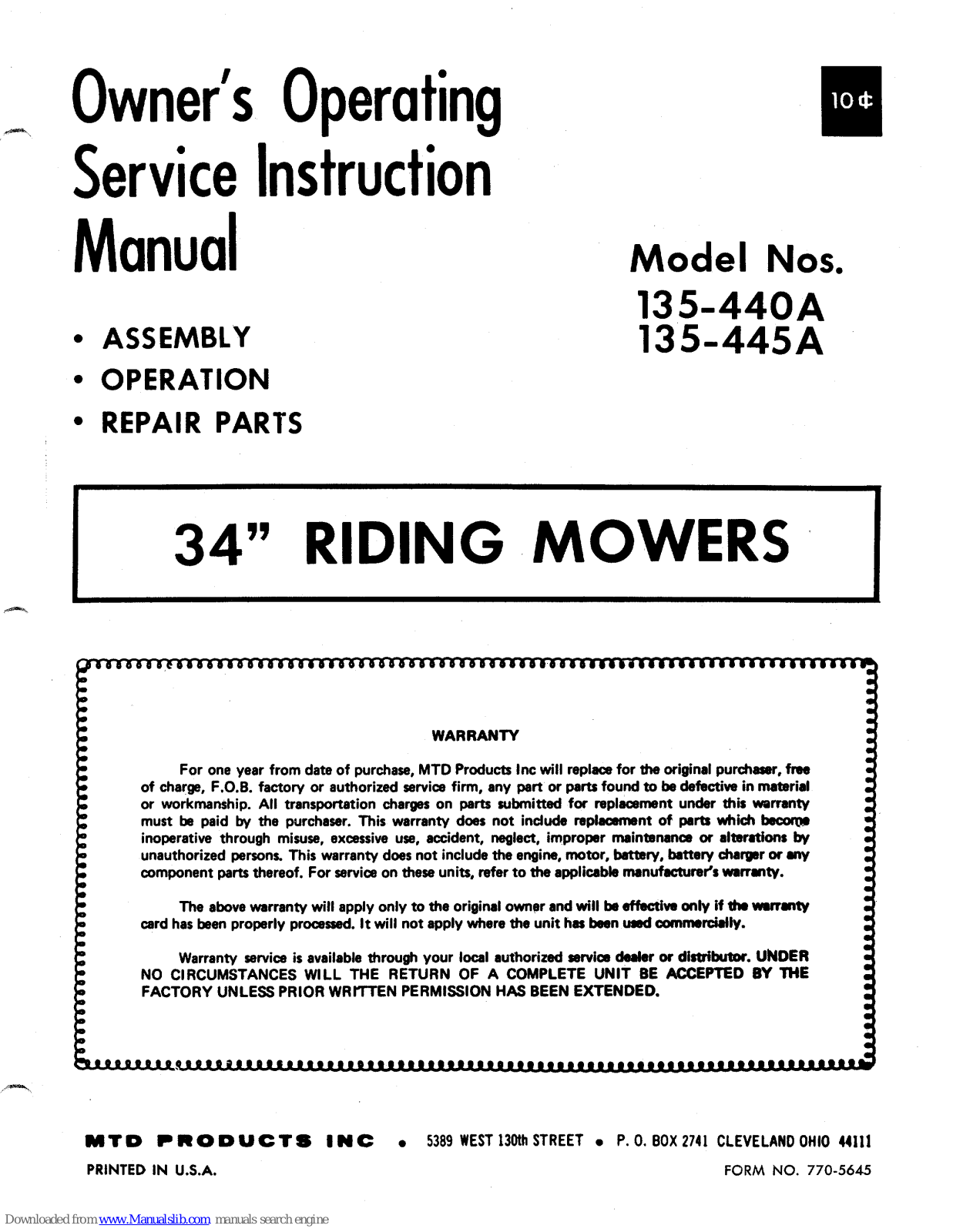 MTD 135-440A, 135-445A Owner's Operating Service Instruction Manual