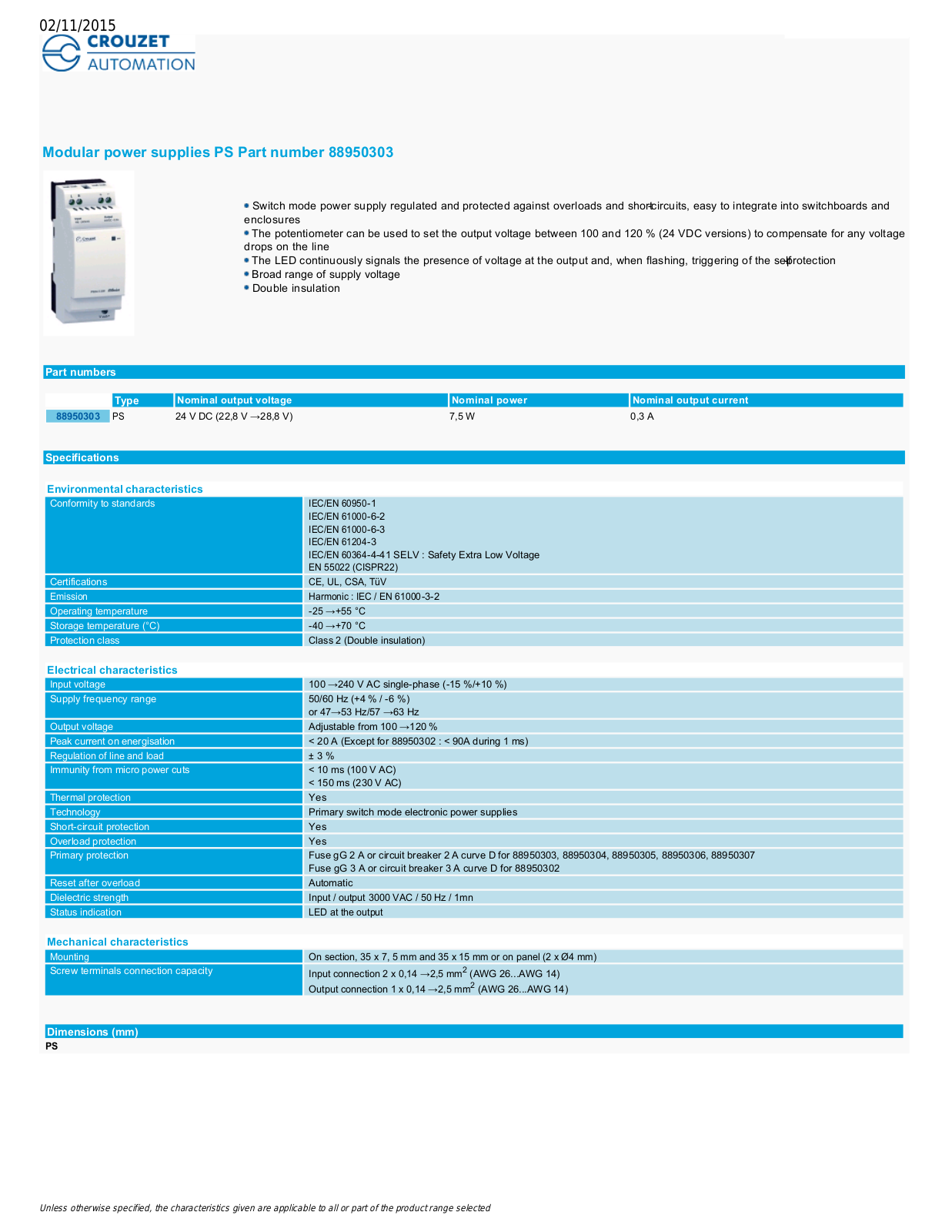 Crouzet 88950303 Data Sheet