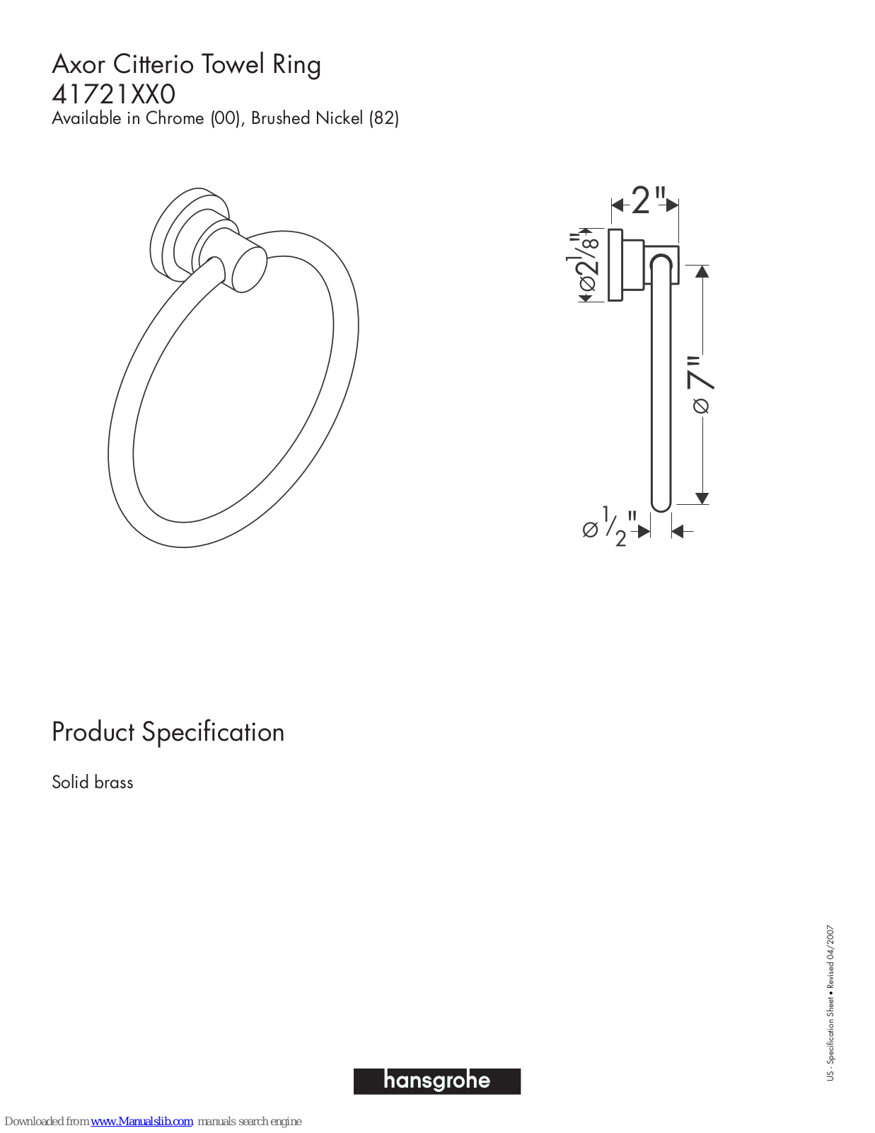 Grohe 41721XX0, Axor Citterio 41721000, Axor Citterio 41721820 Specification Sheet - ManualMachine.com