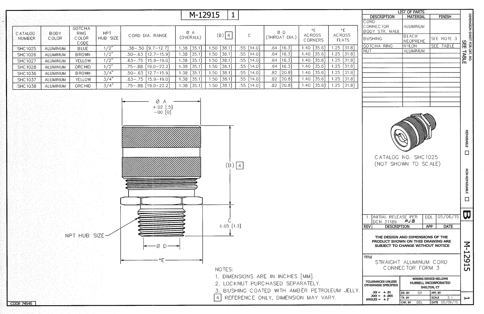 Hubbell SHC1036 Reference Drawing