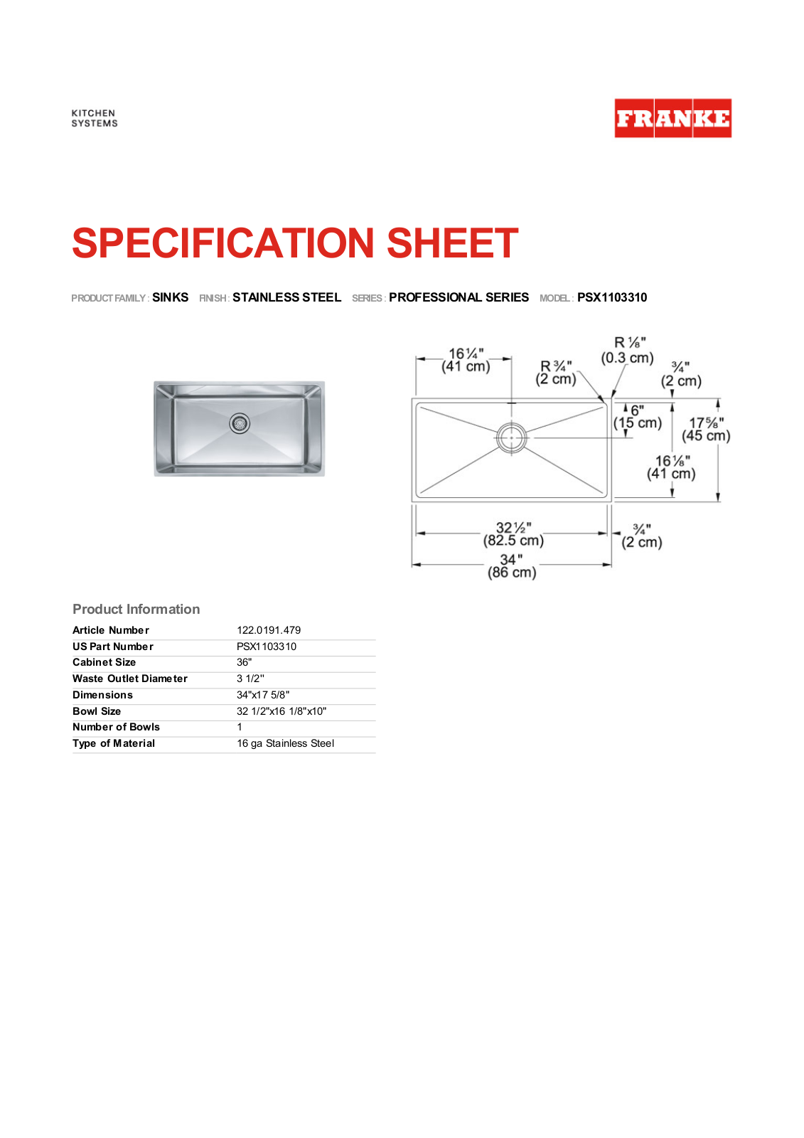 Franke Foodservice PSX1103310 User Manual