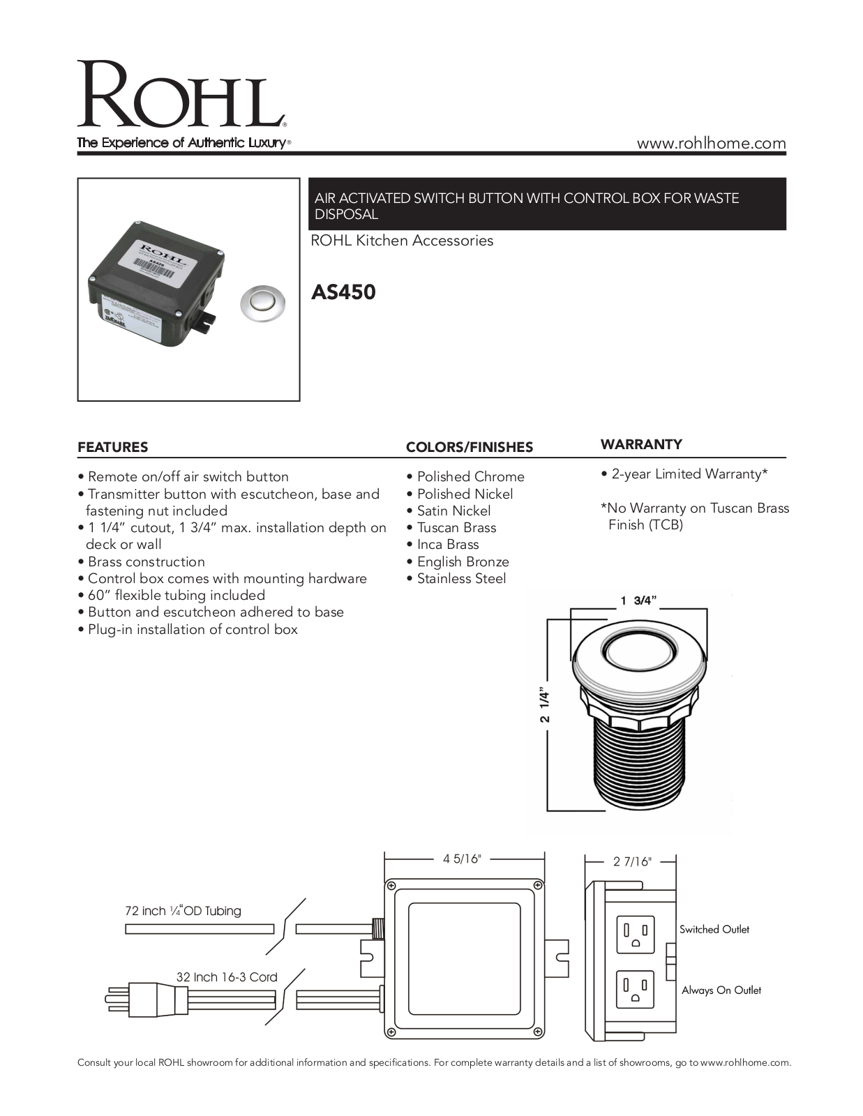 Rohl AS450 Specification Sheet - ManualMachine.com