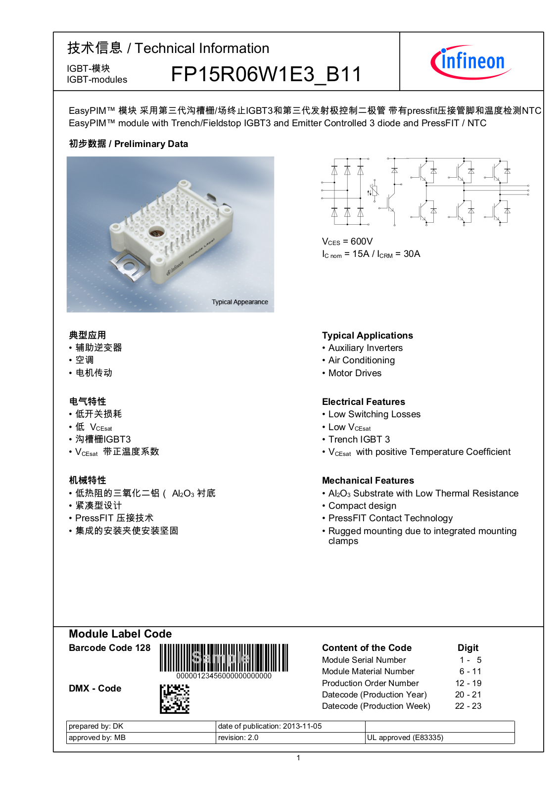 Infineon FP15R06W1E3-B11 Data Sheet