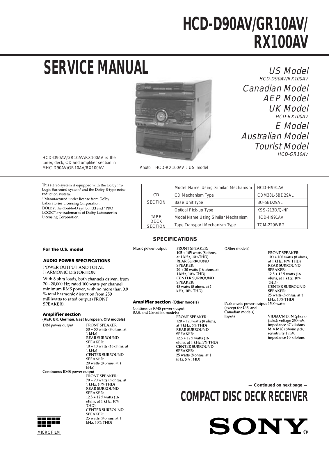 SONY HCD-D90AV, HCD-GR10AV, HCD- RX100AV Service Manual