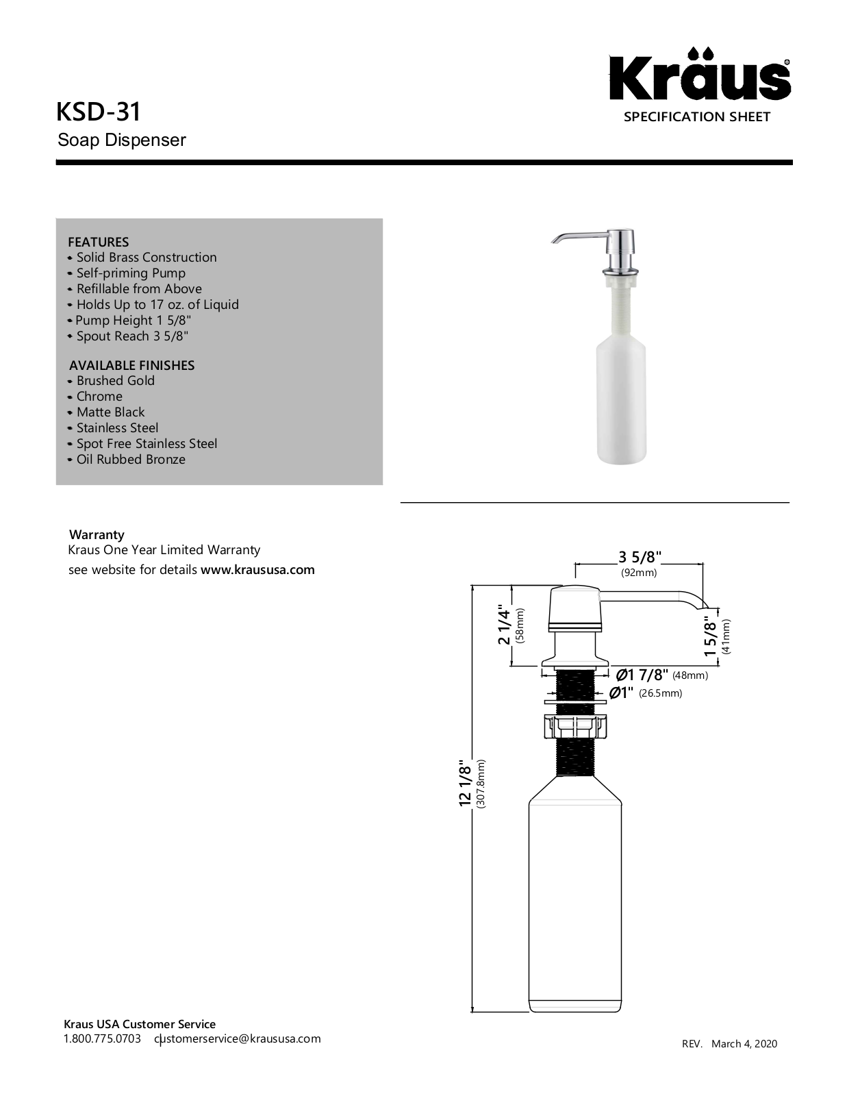 Kraus KSD31BG Specs