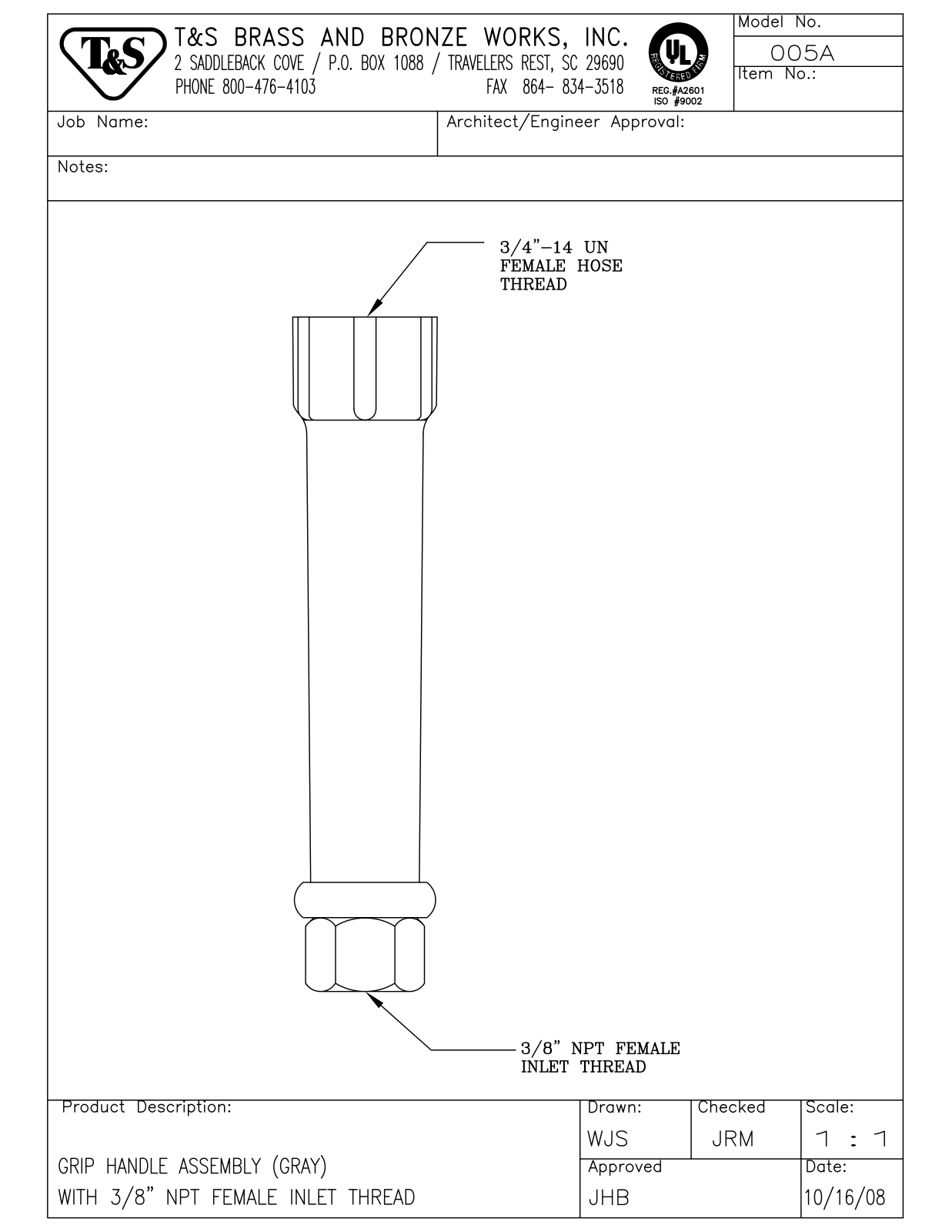 T&S Brass 005A User Manual