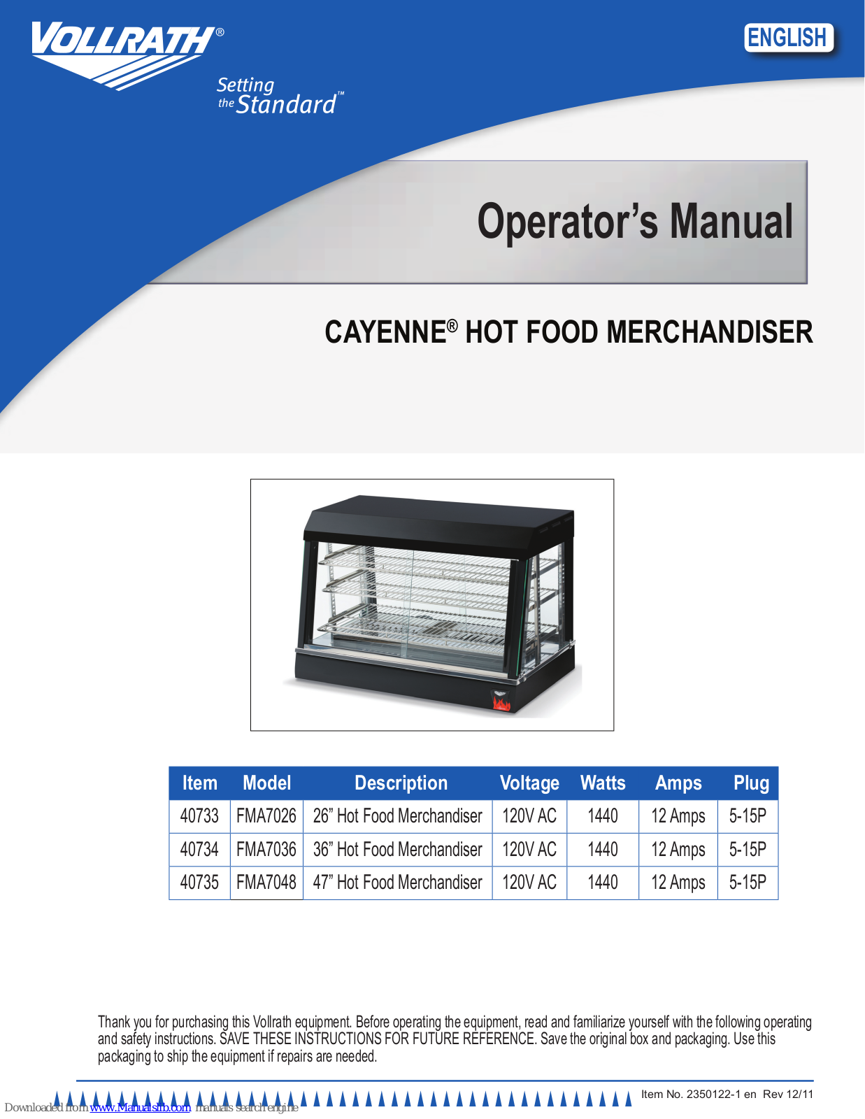 Vollrath FMA7026, FMA7036, FMA7048 Operator's Manual