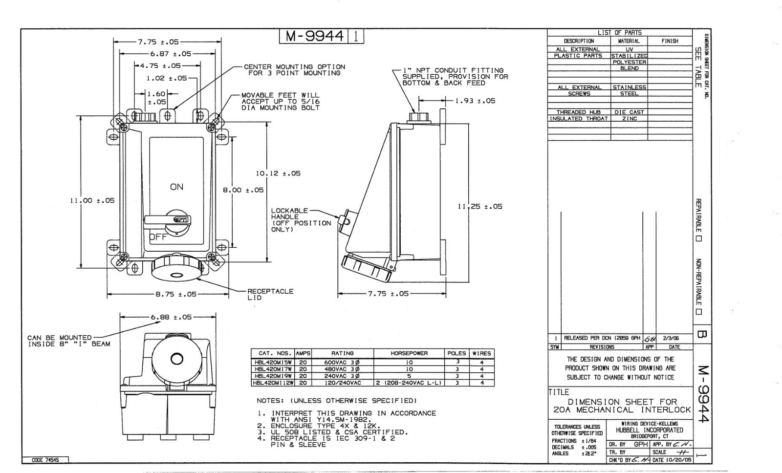 Hubbell HBL420MI12W Reference Drawing