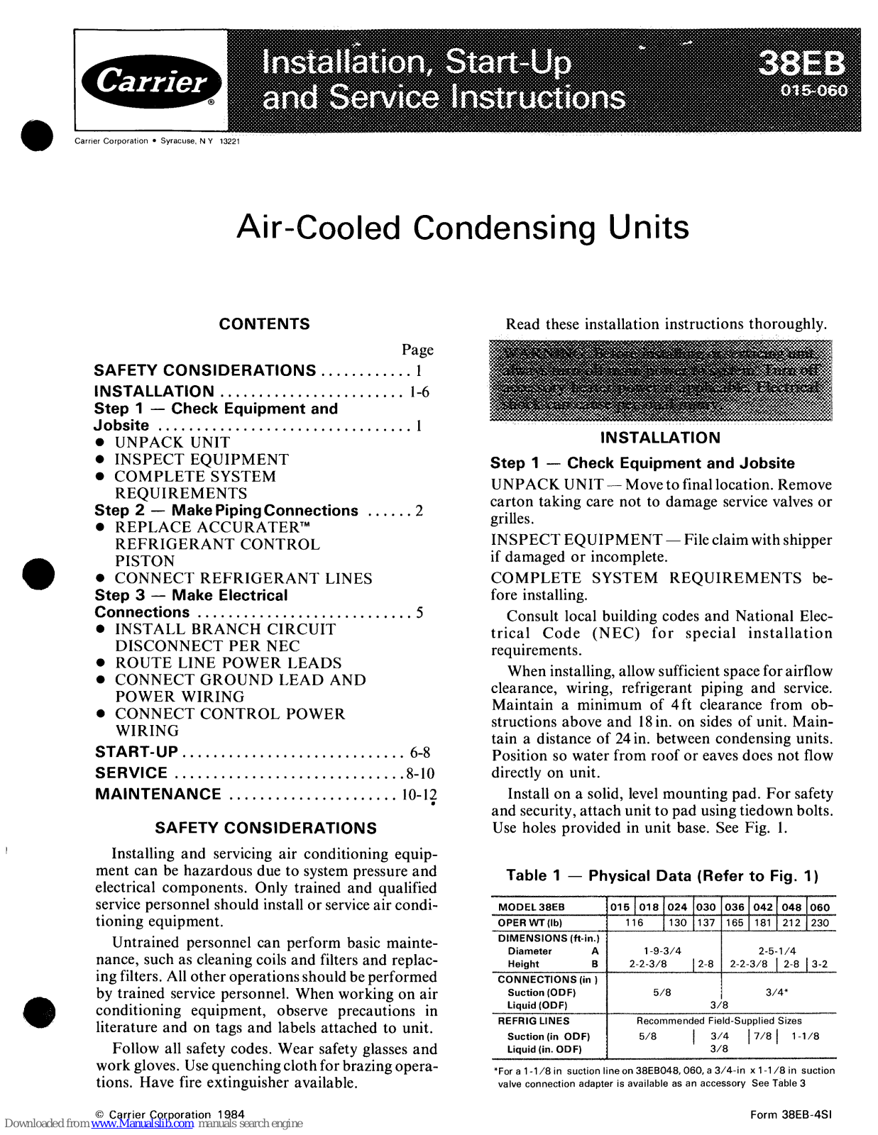 Carrier AIR-COOLED CONDENSING UNITS 38EB, 38EB015, 38EB018, 38EB024, 38EB030 Installation, Start-up And Service Instructions Manual - ManualMachine.com