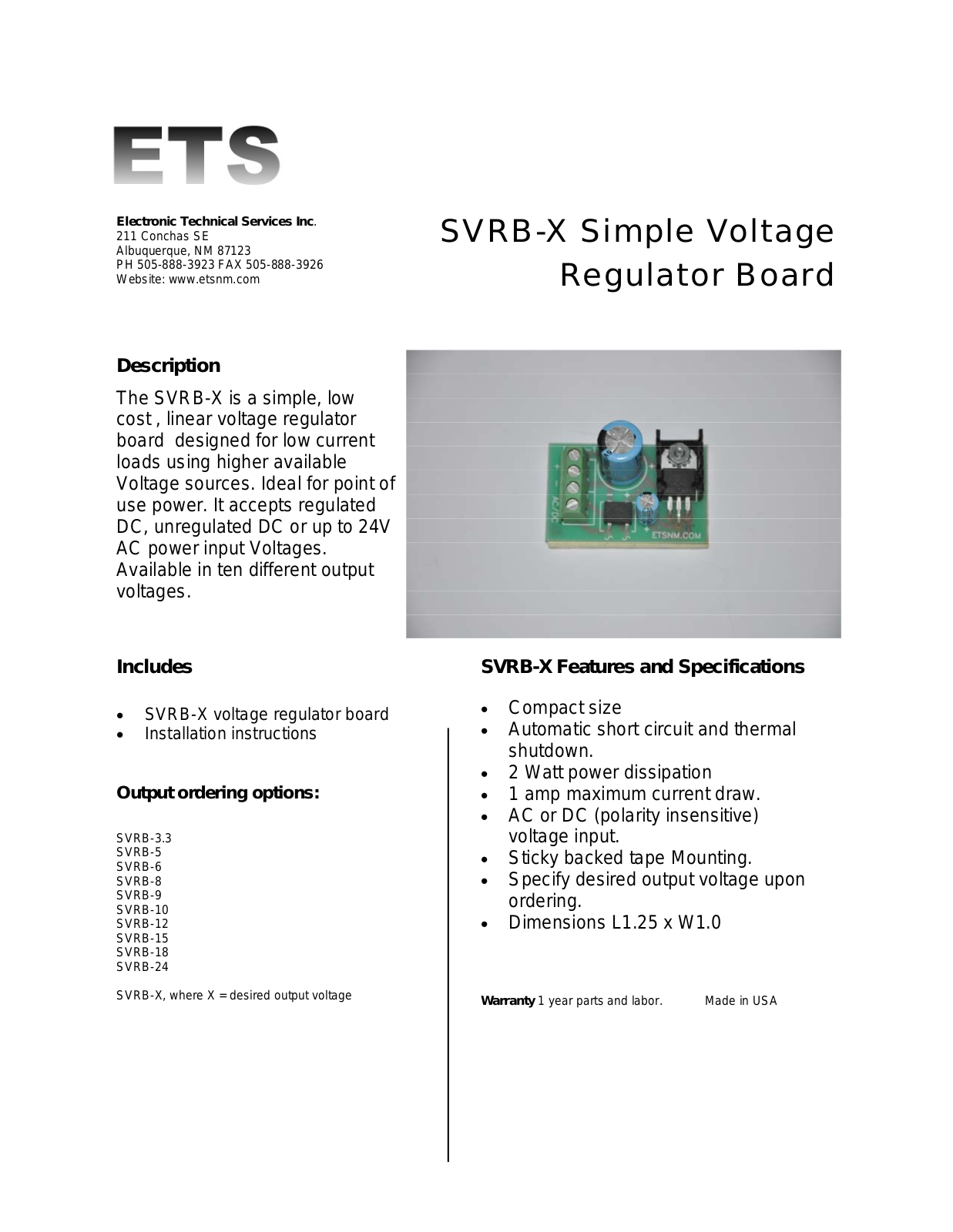 ETS SVRB-X Specsheet