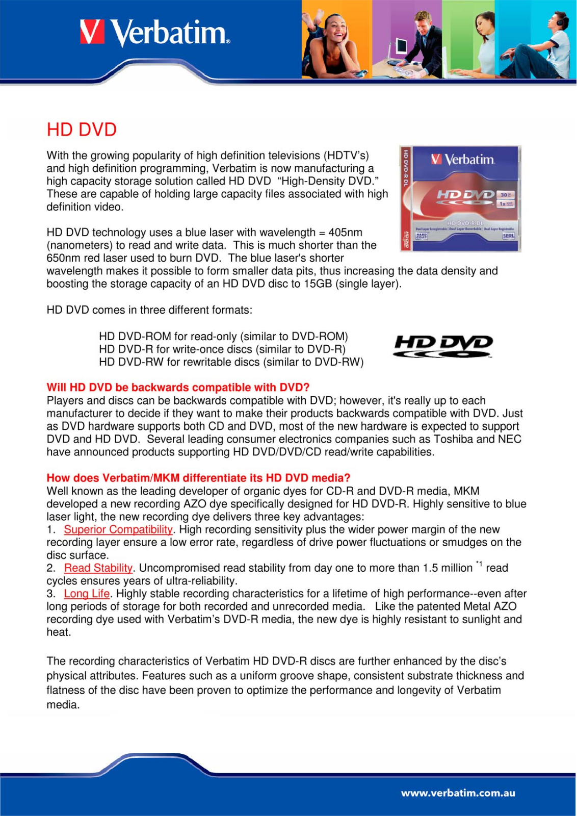 Verbatim HD DVD-R, HD DVD-ROM, HD DVD-RW User Manual