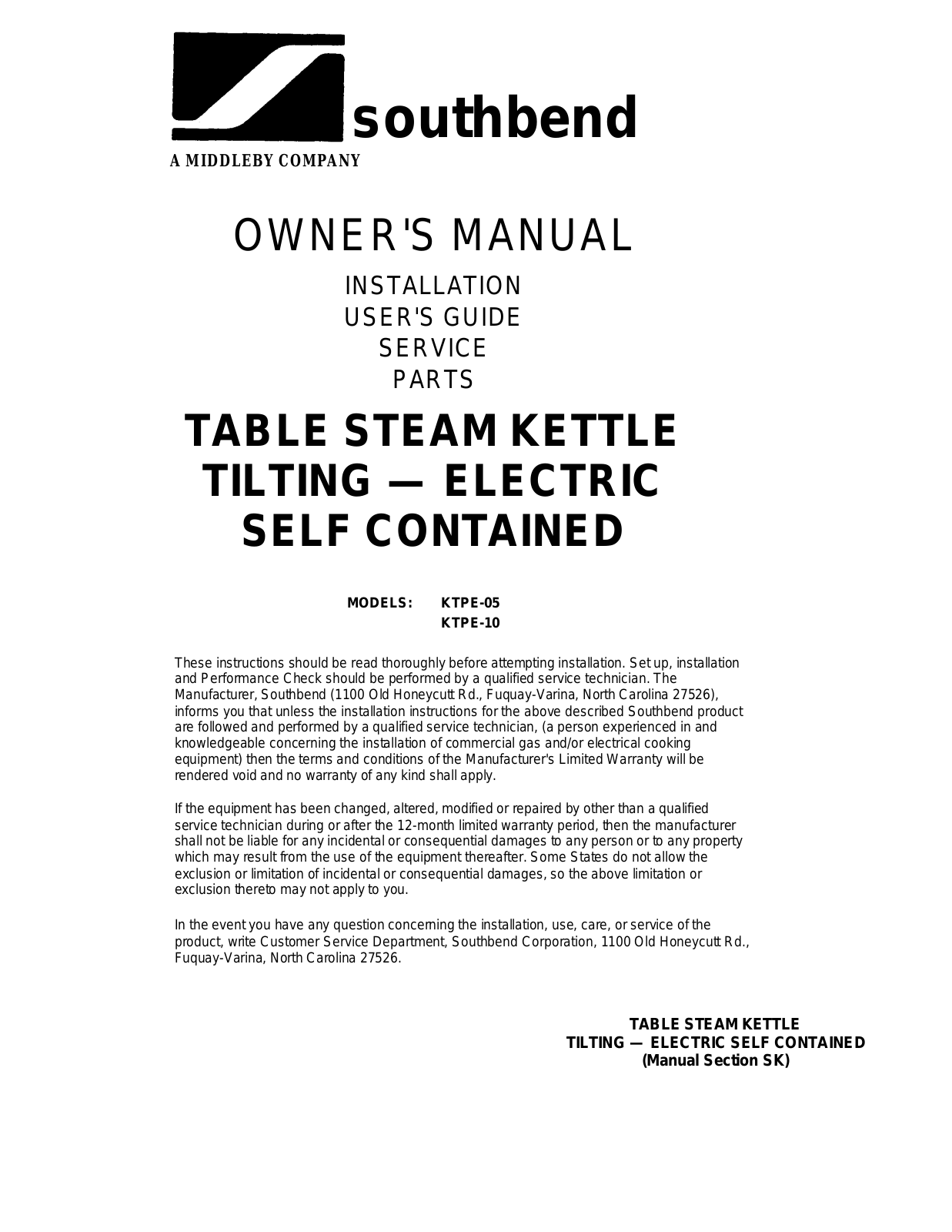 Southbend KTPE-10 Installation Manual