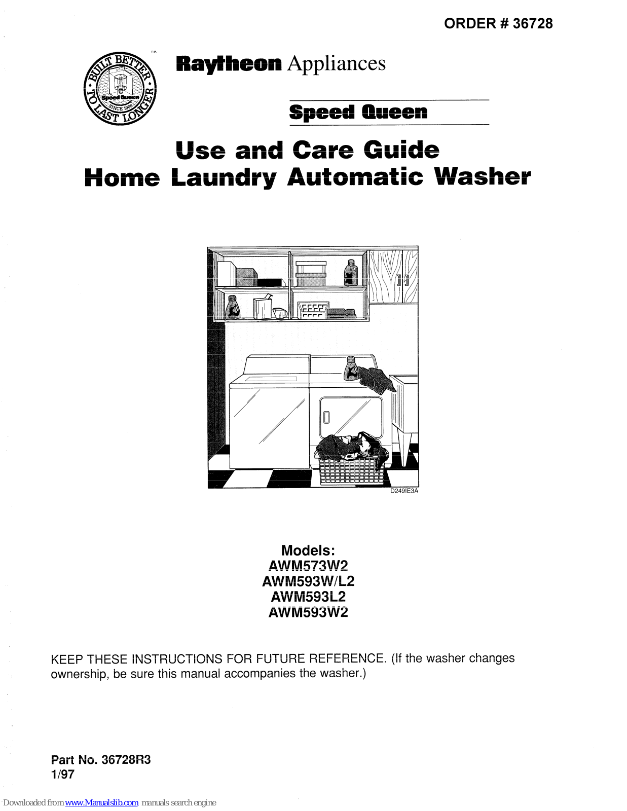 Speed Queen AWM573W2, AWM593W, AWM593L2, AWM593W2, AWM593W/L2 Use And Care Manual