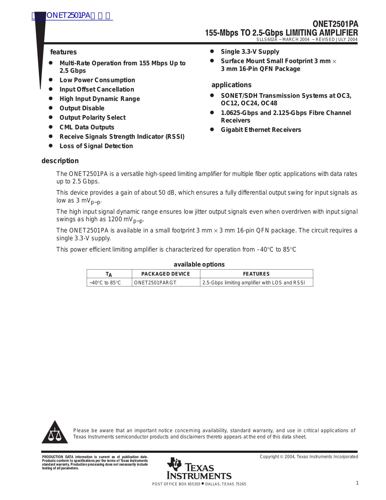 TEXAS INSTRUMENTS ONET2501PA Technical data