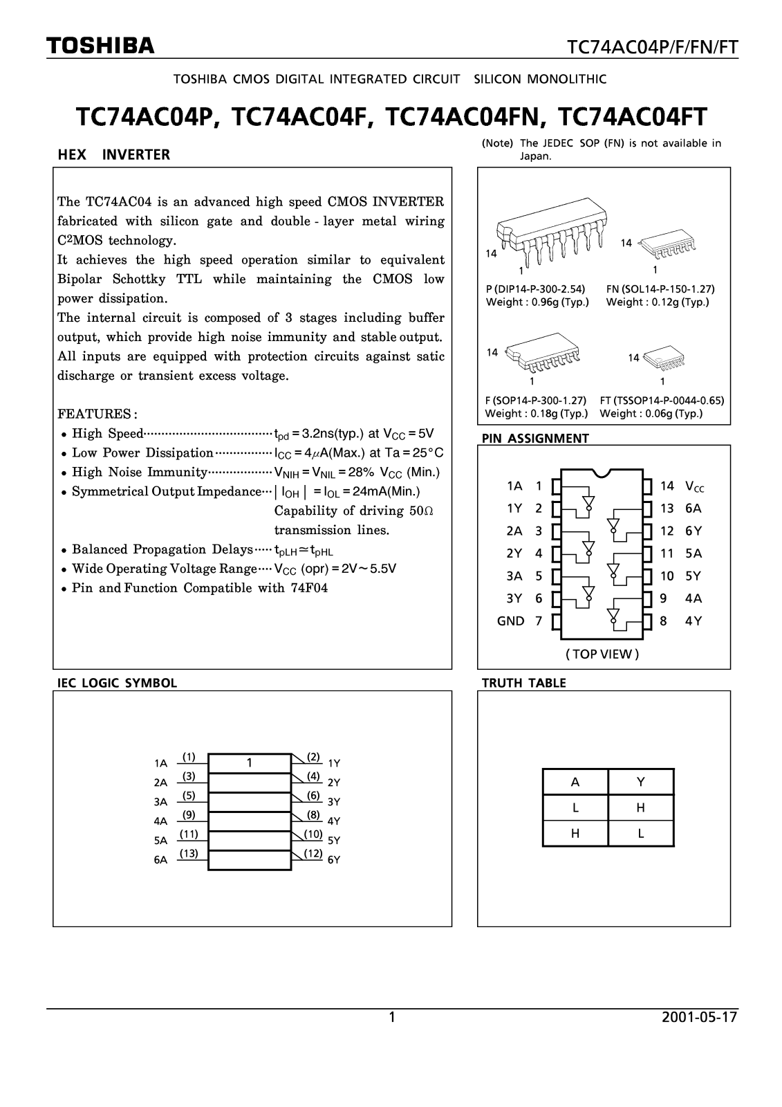 Toshiba TC74AC04P Datasheet