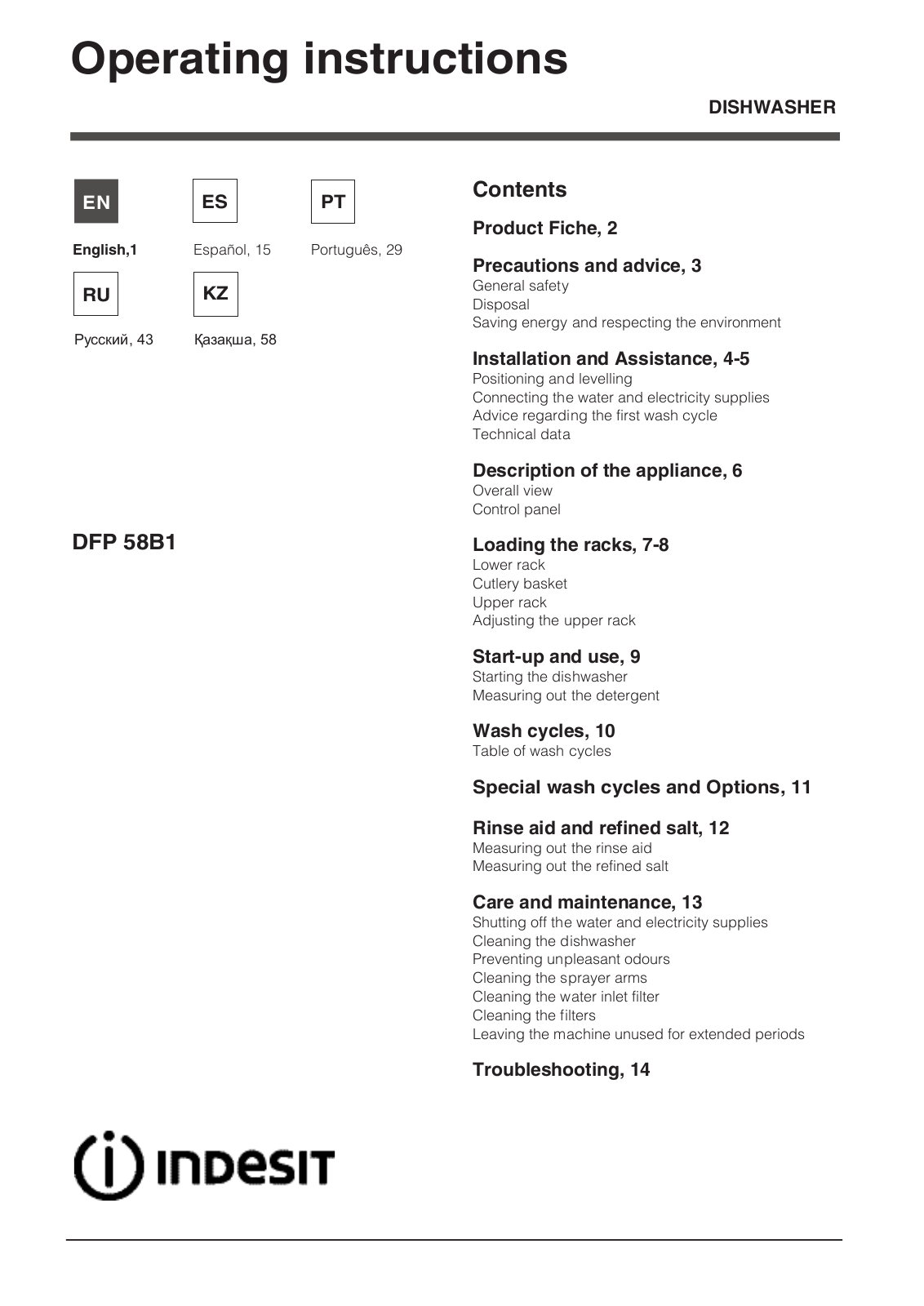 Indesit DFP 58B1 EU operation manual