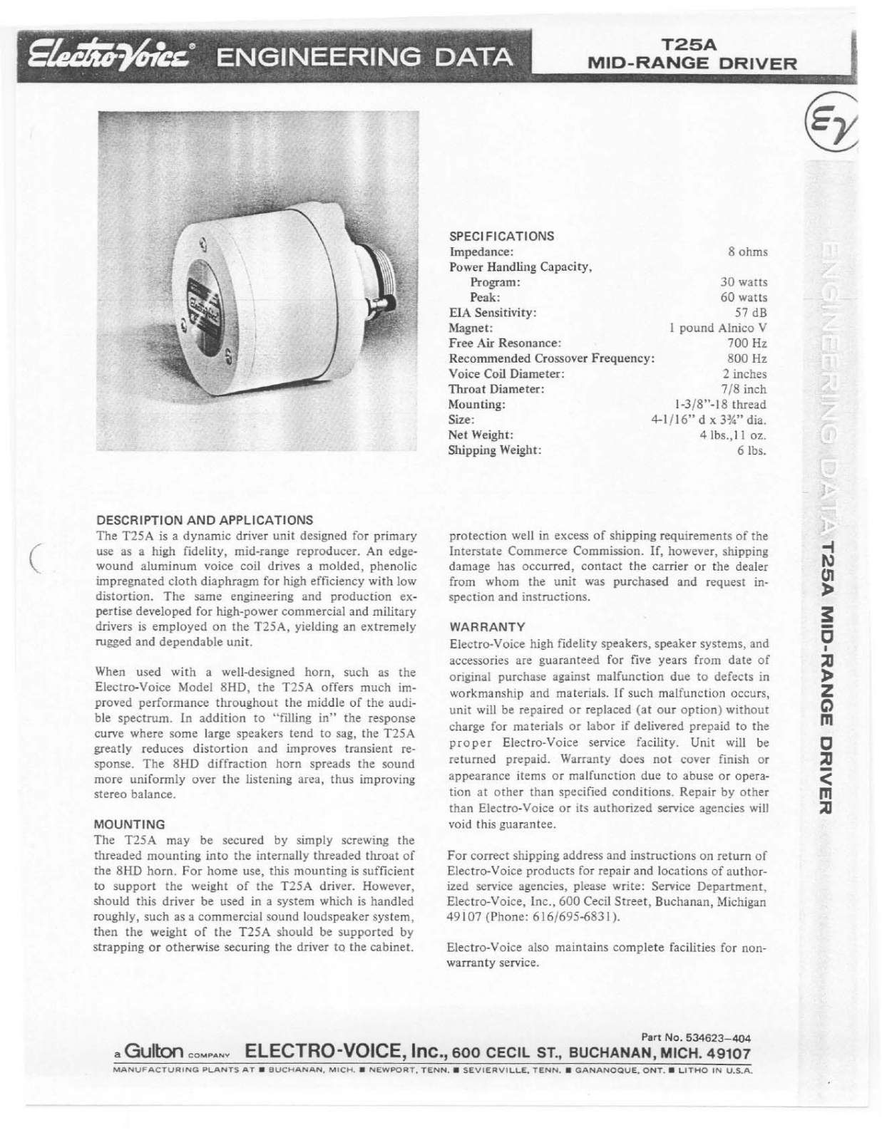 Electro-voice T25A SPECIFICATIONS AND INSTRUCTIONS