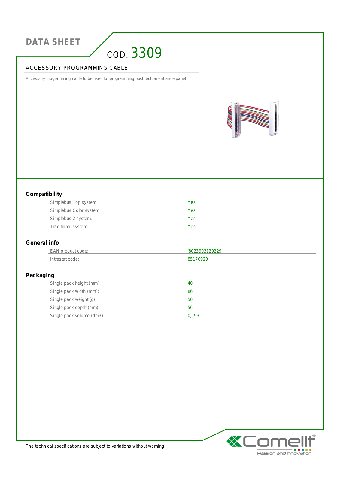 Comelit 3309 Specsheet