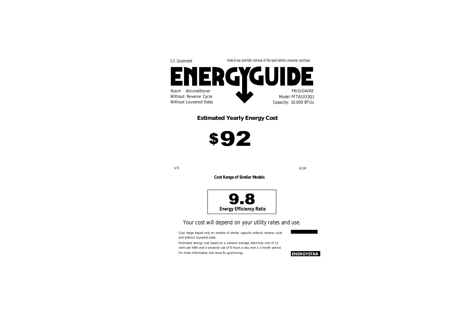 FRIGIDAIRE FFTA1033Q2 User Manual