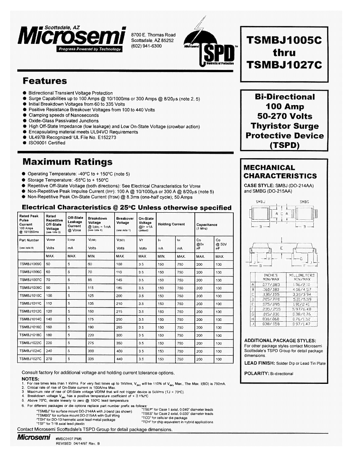 Microsemi TSMBJ1027C, TSMBJ1024C, TSMBJ1018C, TSMBJ1016C, TSMBJ1014C Datasheet