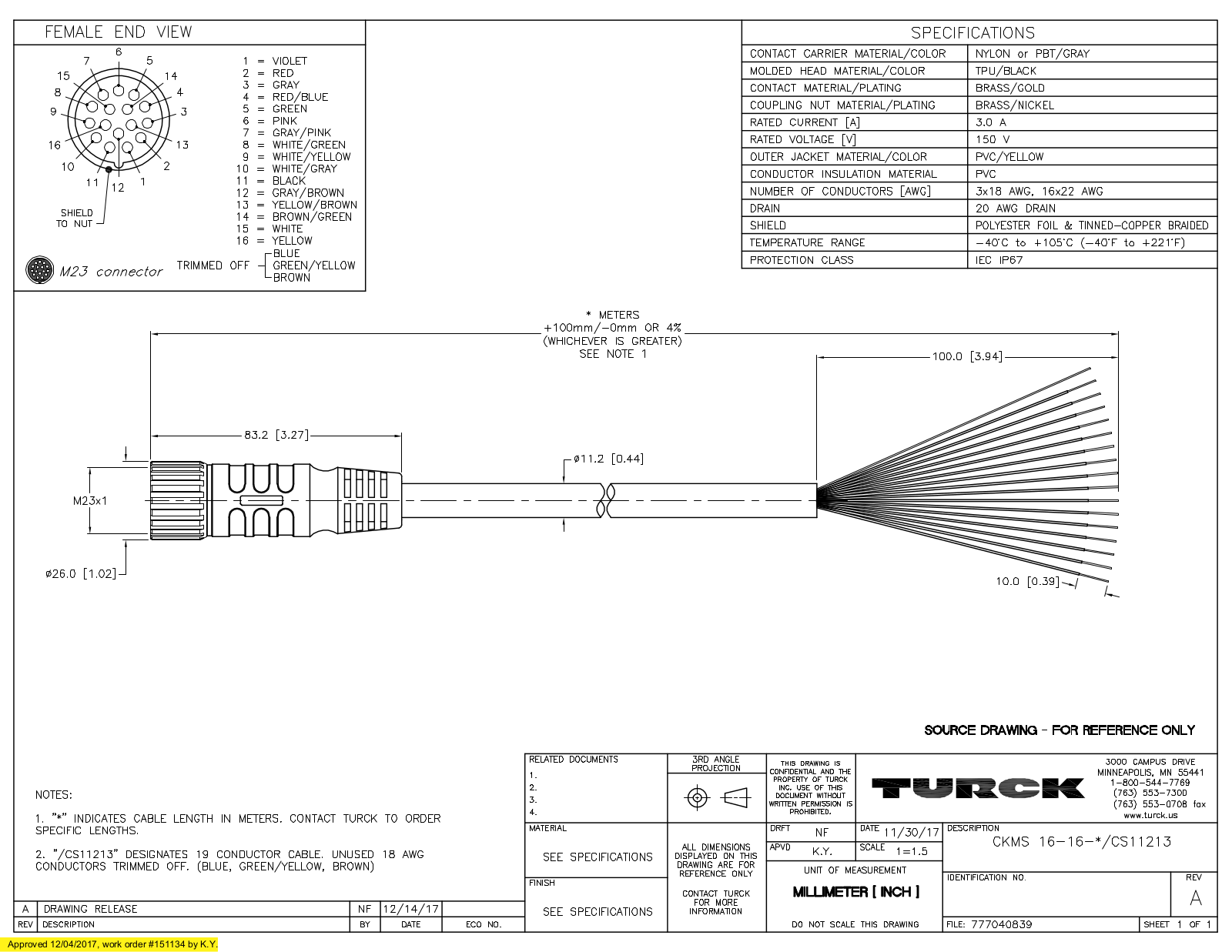 Turck CKMS16-16-0.5/CS11213 Specification Sheet