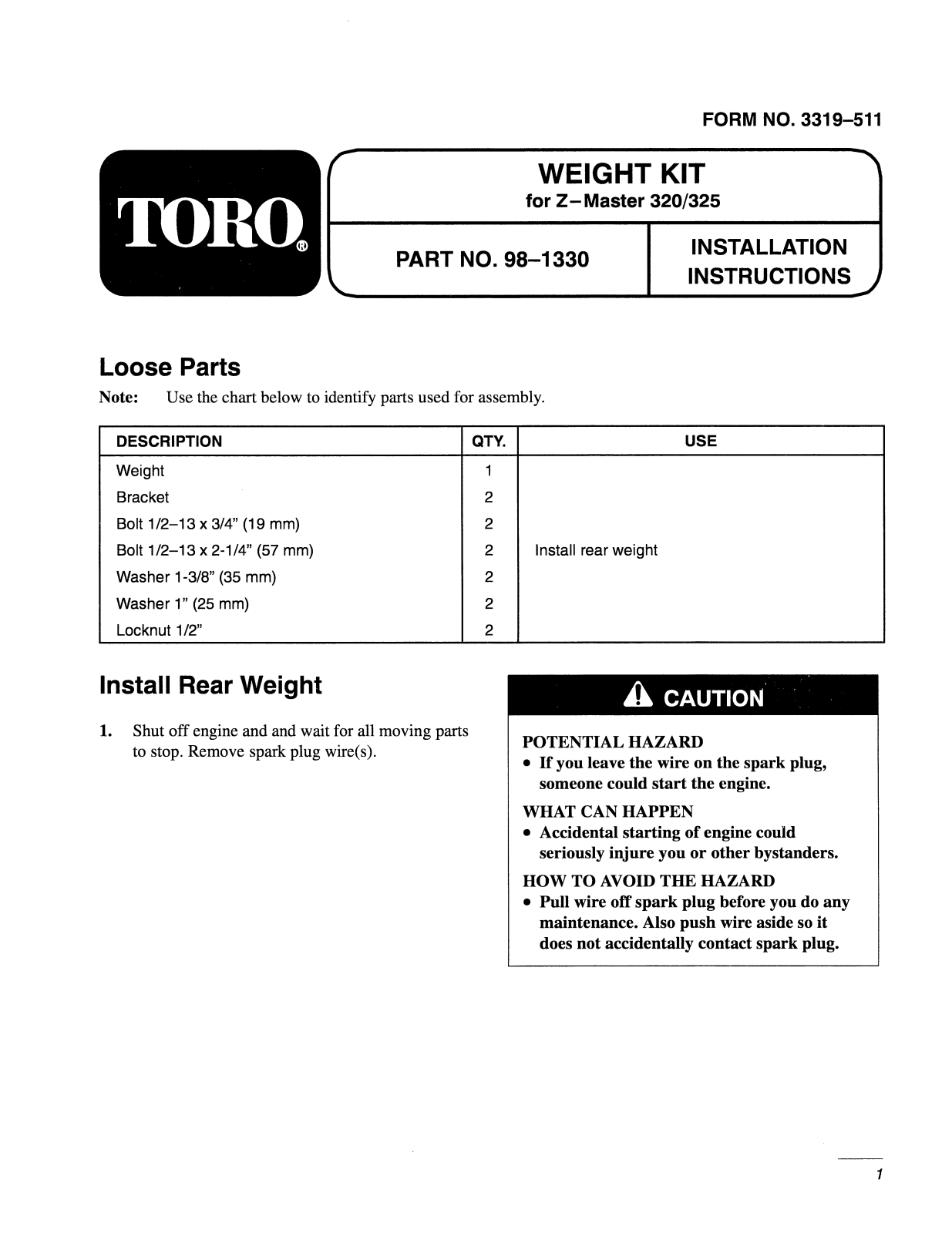 Toro 98-1330 Installation Instructions