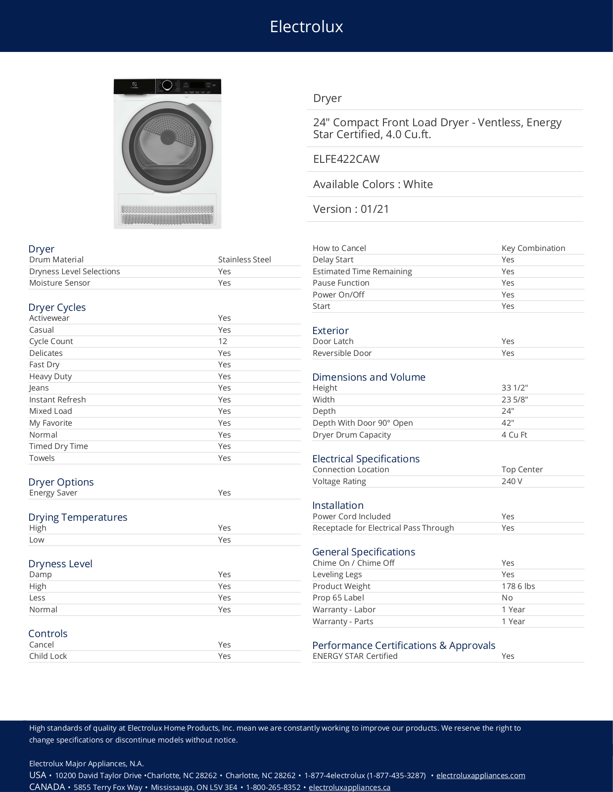 Electrolux ELFE422CAW PRODUCT SPECIFICATIONS