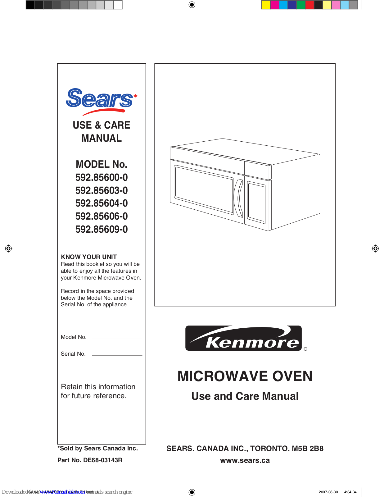 Kenmore 592.85600-0, 592.85603-0, 592.85604-0, 592.85606-0, 592.85609-0 Use & Care Manual