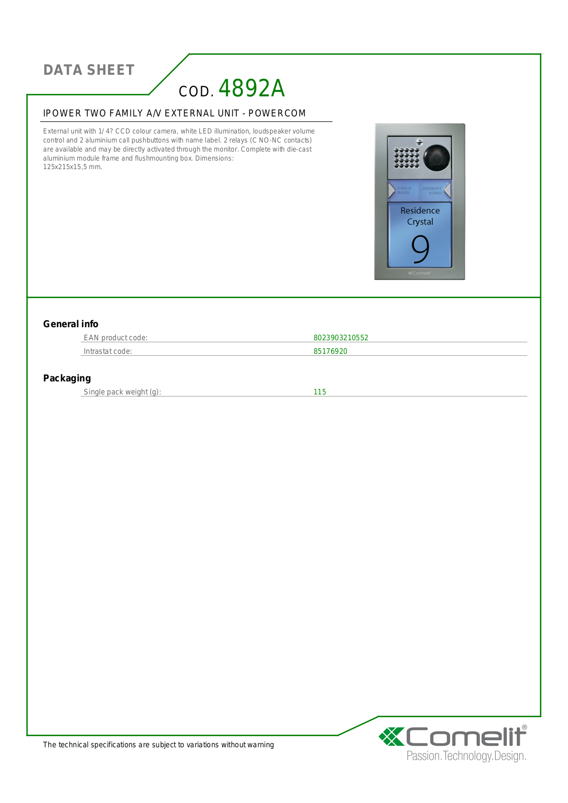 Comelit 4892A Specsheet