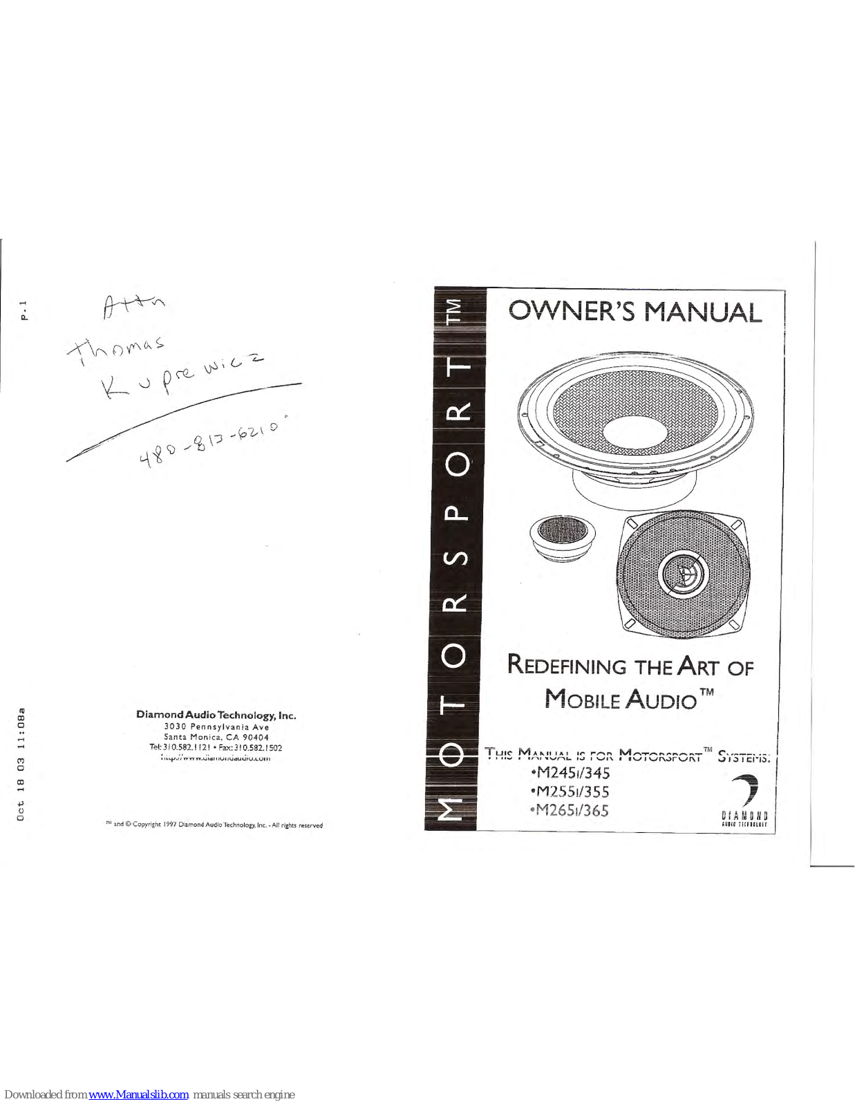 Diamond Audio Technology Motorsport M245i, Motorsport M265i, Motorsport M255i, Motorsport M345, Motorsport M355 Owner's Manual